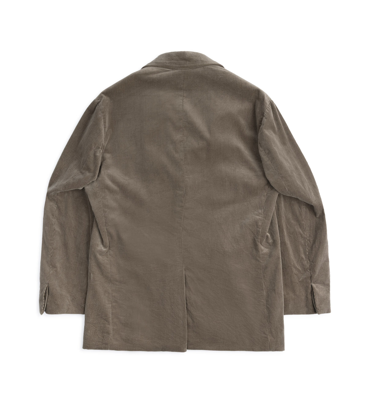 A taupe-brown corduroy jacket shown from the back, laid flat against a solid white background.