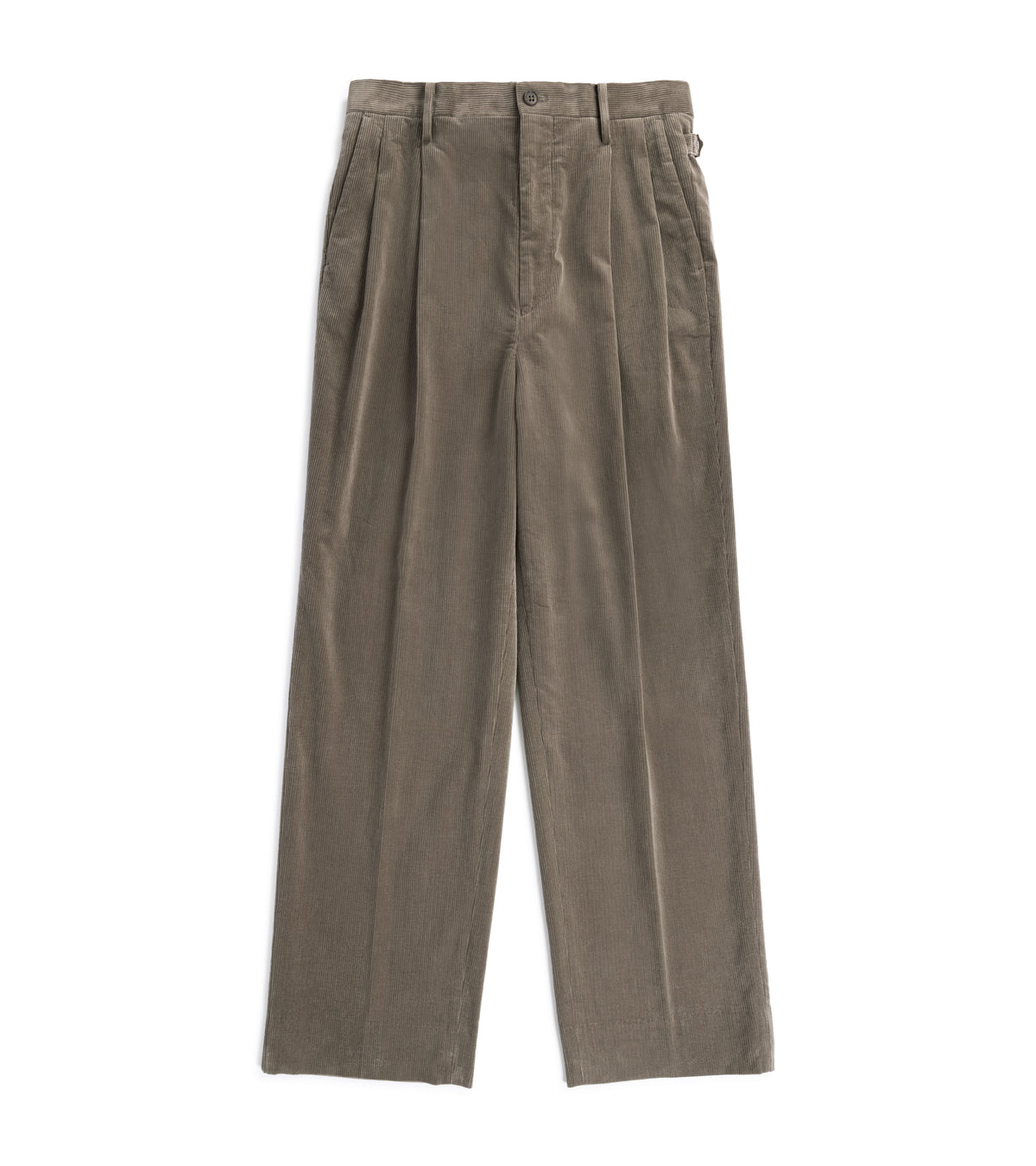 A pair of wide-leg, pleated trousers in a muted taupe-brown corduroy fabric, shown flat against a solid white background.