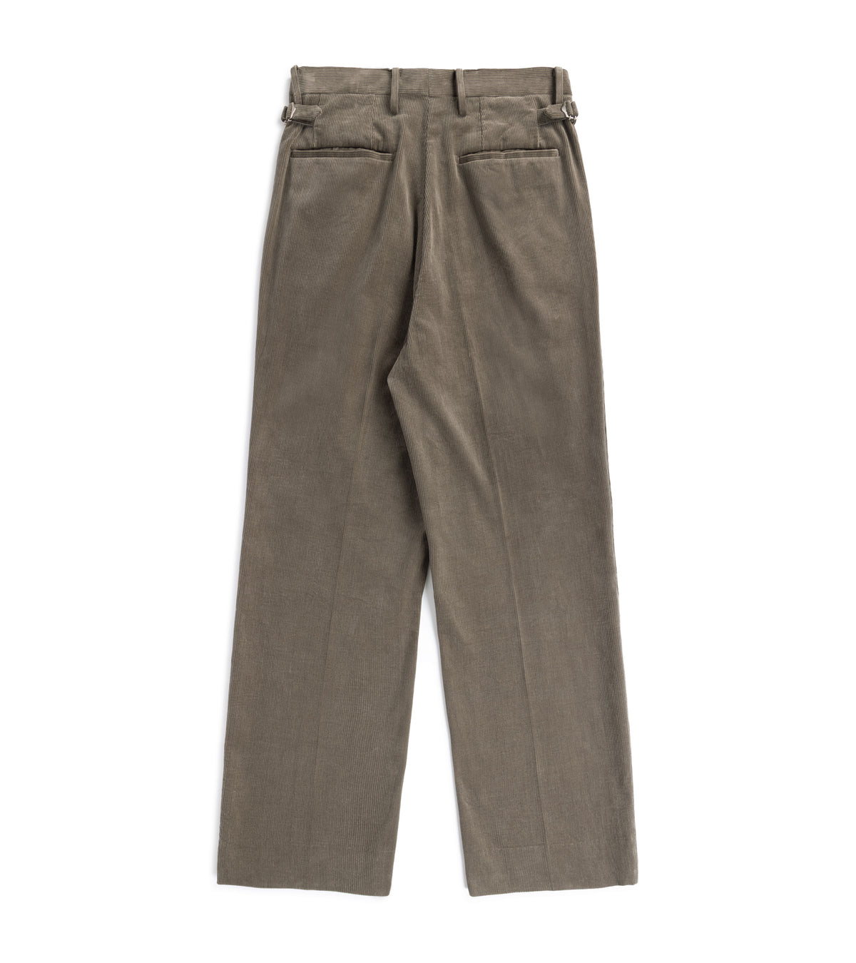 A pair of high-waisted, straight-leg trousers in a textured taupe-brown corduroy fabric, shown from the back on a solid white background.