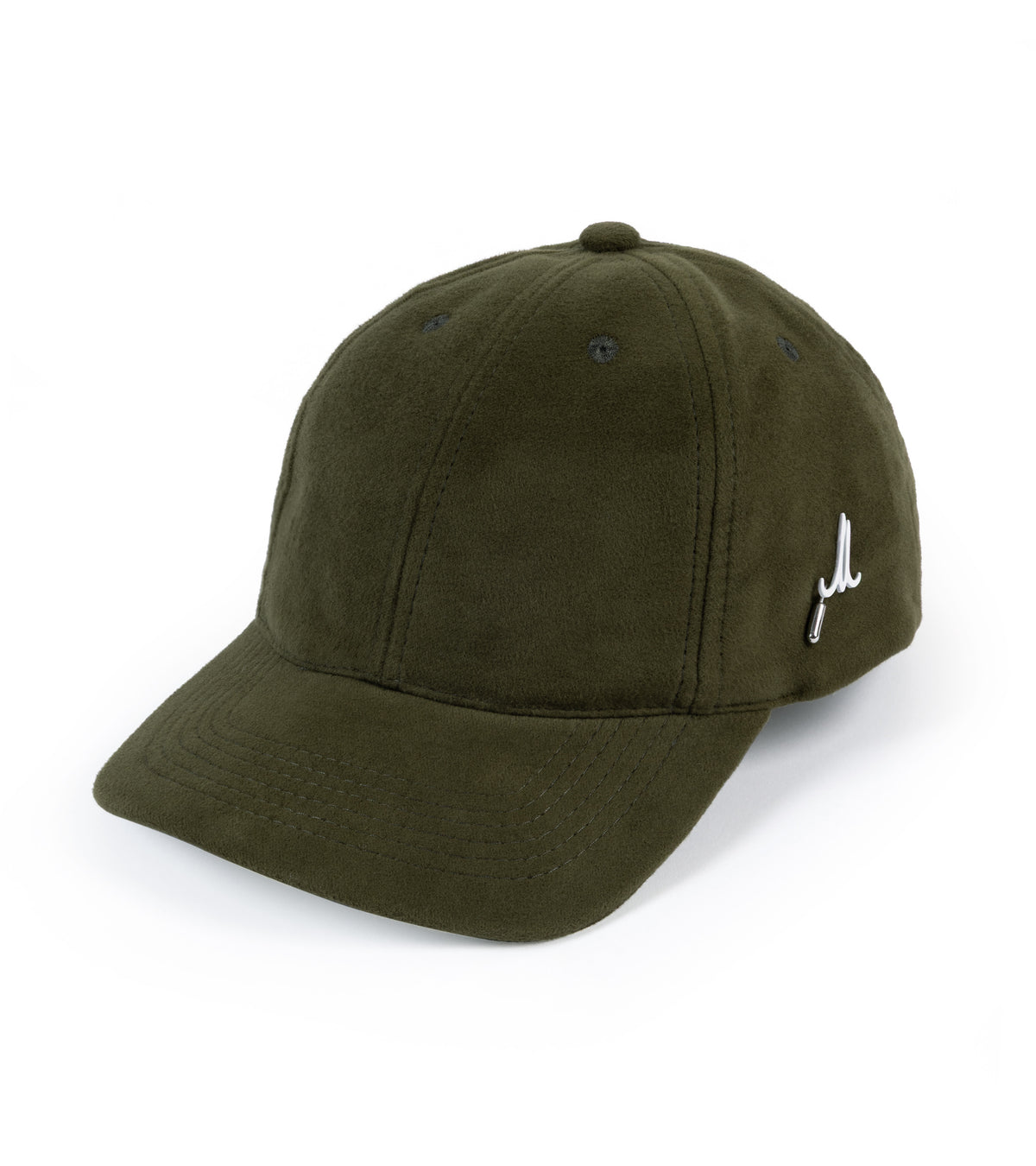 An olive green baseball cap with a small white pin logo on the side, photographed on a clean white background.