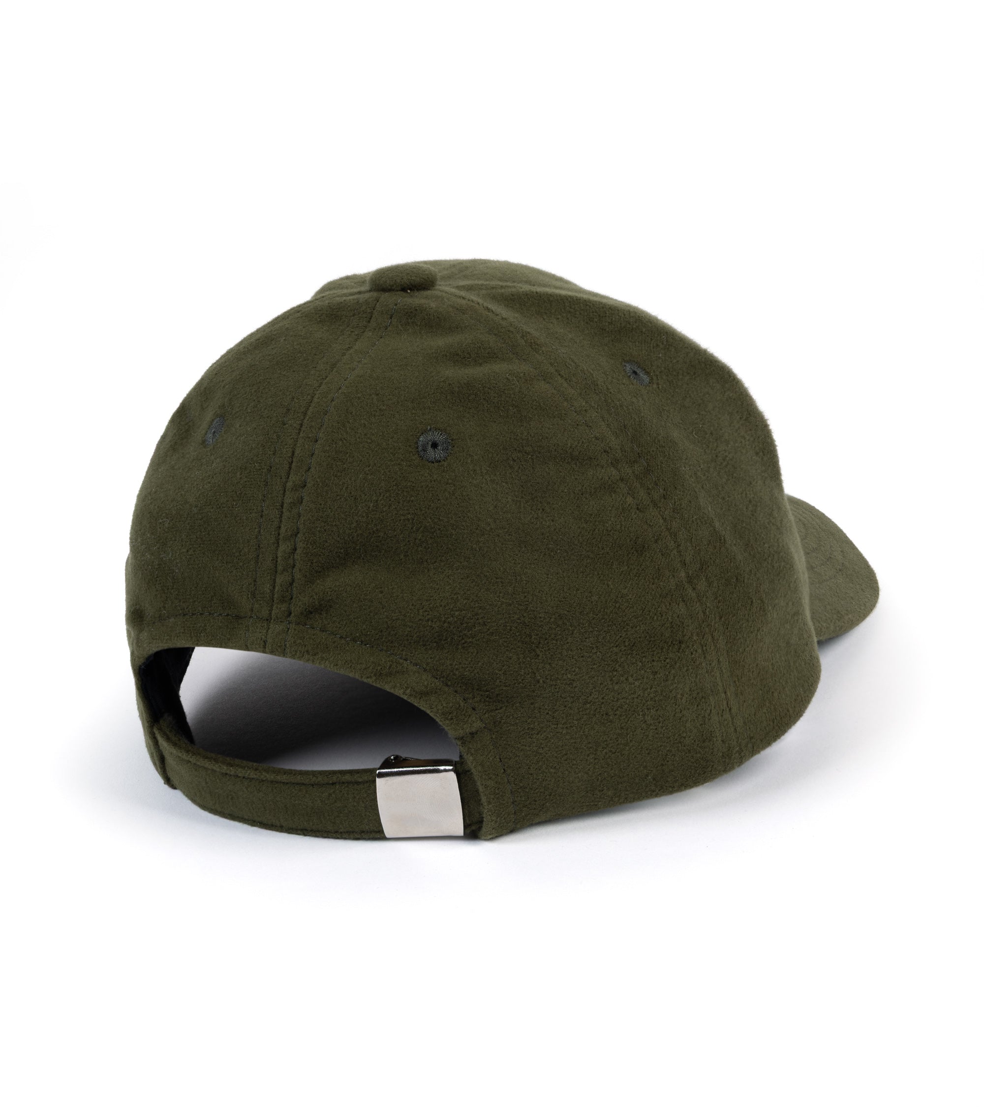 An olive green baseball cap, featuring a fabric texture and an adjustable snapback closure with a silver metal slider, set against a plain white background.