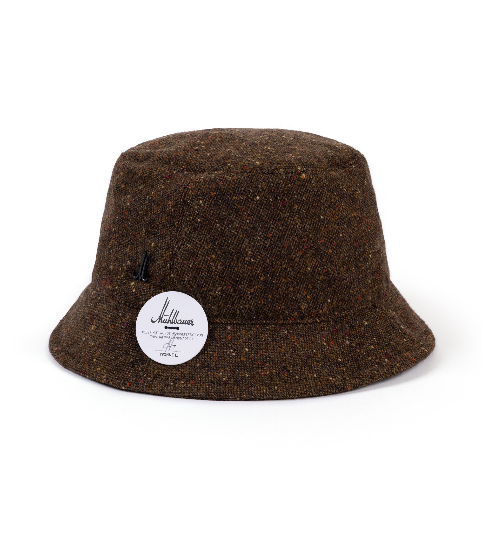 A brown tweed bucket hat.