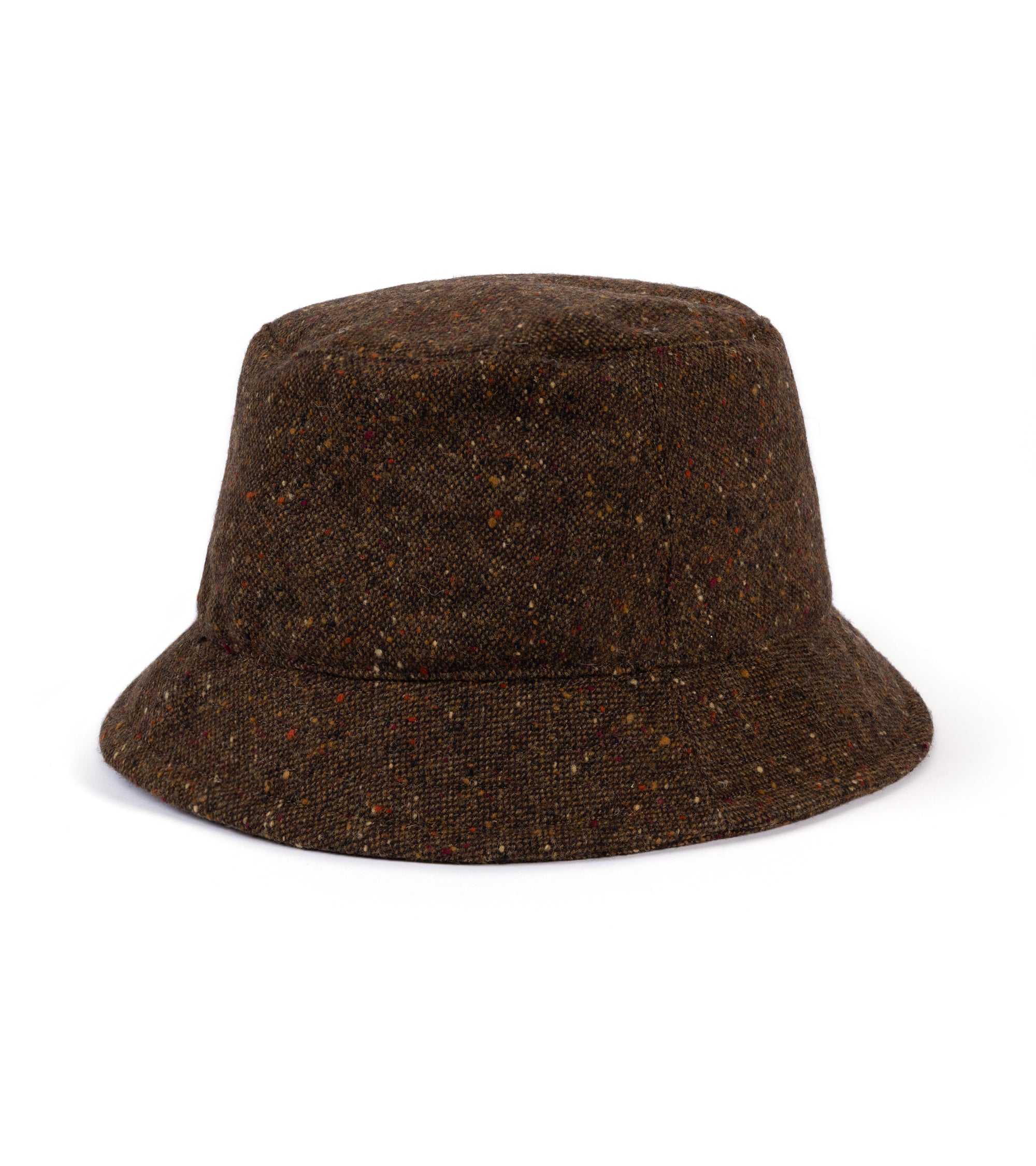 A dark brown tweed bucket hat with subtle multi color flecks.