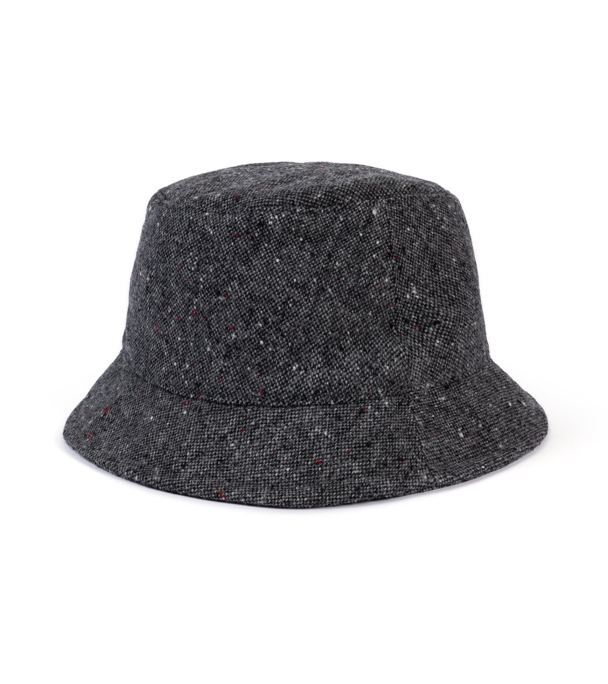 A dark gray tweed bucket hat with subtle multi color flecks, photographed on a clean white background.
