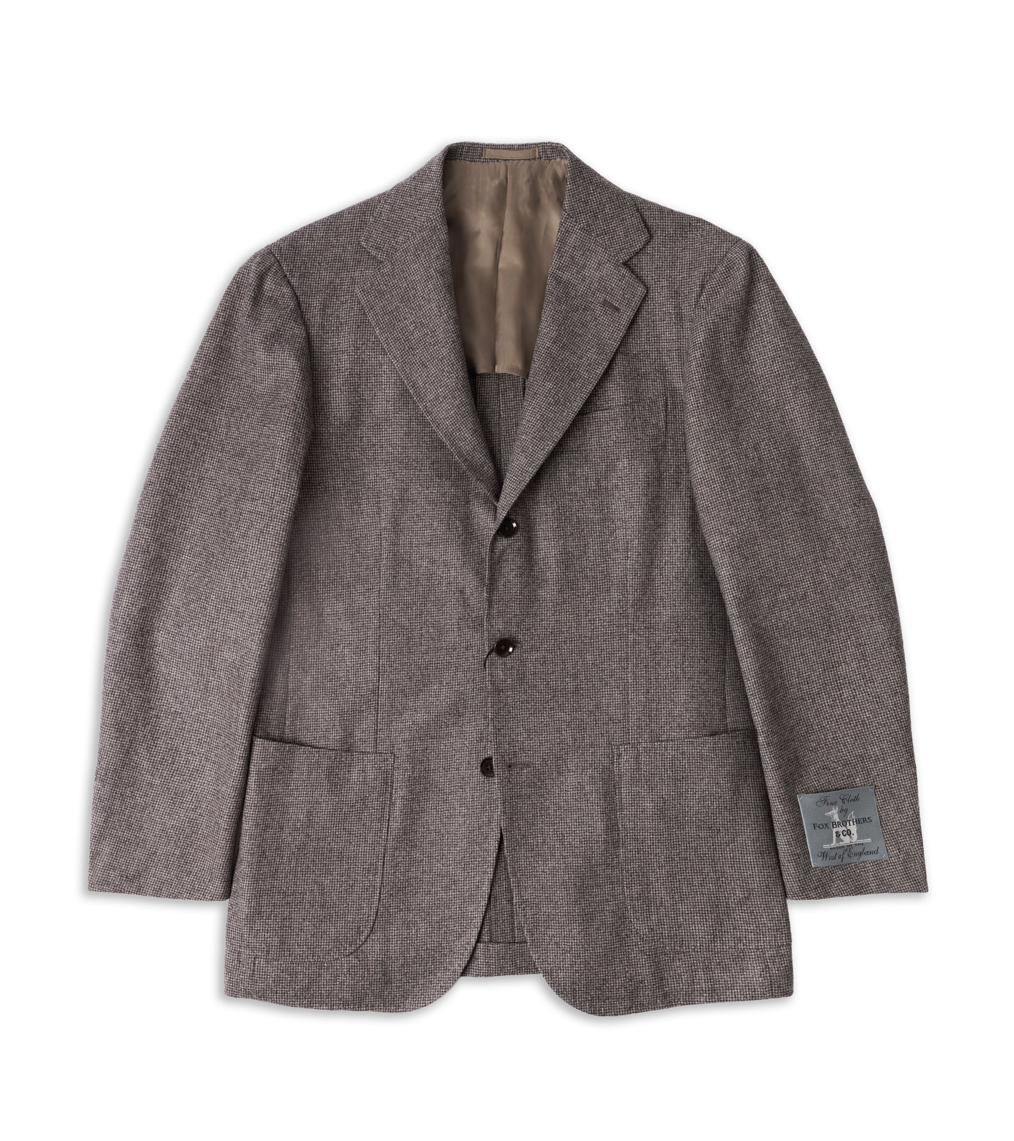 A men's single-breasted blazer in a textured gray-brown tweed fabric, featuring notch lapels, button closure, and front patch pockets, shown against a plain white background.