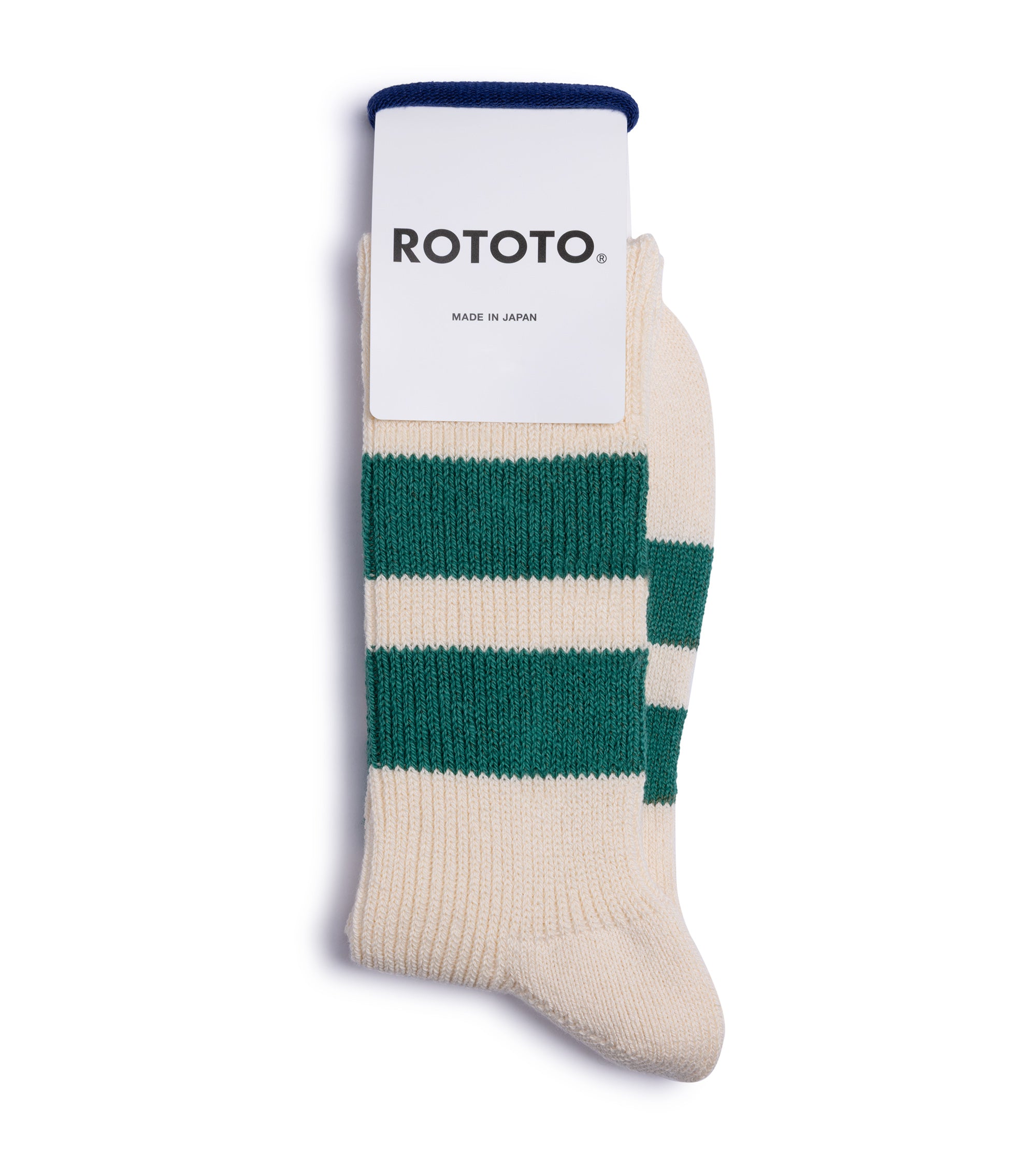 RoToTo Recycled Cotton Stripe Crew Socks: Ecru/Green
