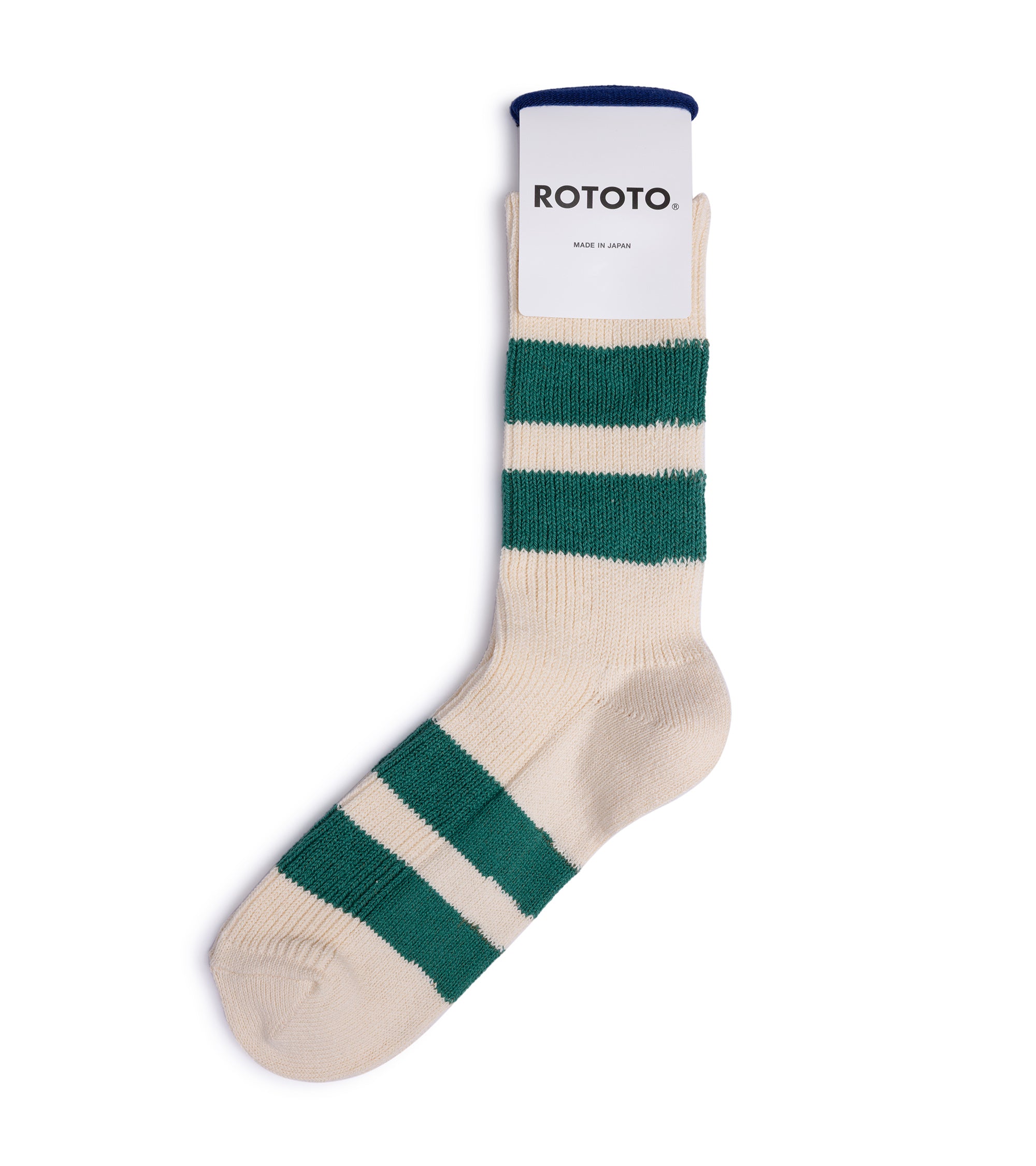 RoToTo Recycled Cotton Stripe Crew Socks: Ecru/Green