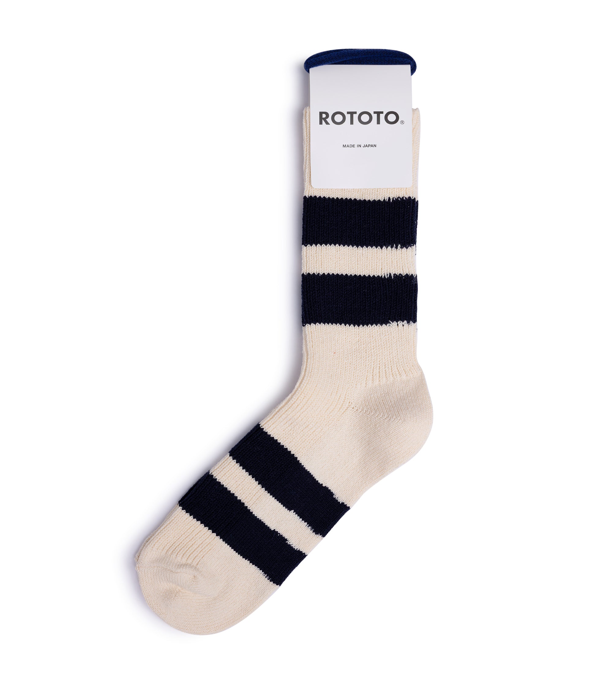 RoToTo Recycled Cotton Stripe Crew Socks: Ecru/Navy