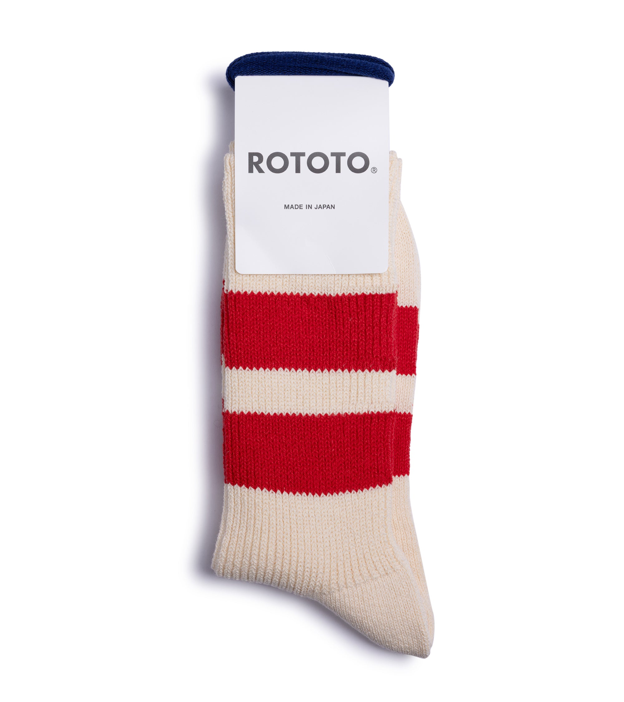 RoToTo Recycled Cotton Stripe Crew Socks: Ecru/Red