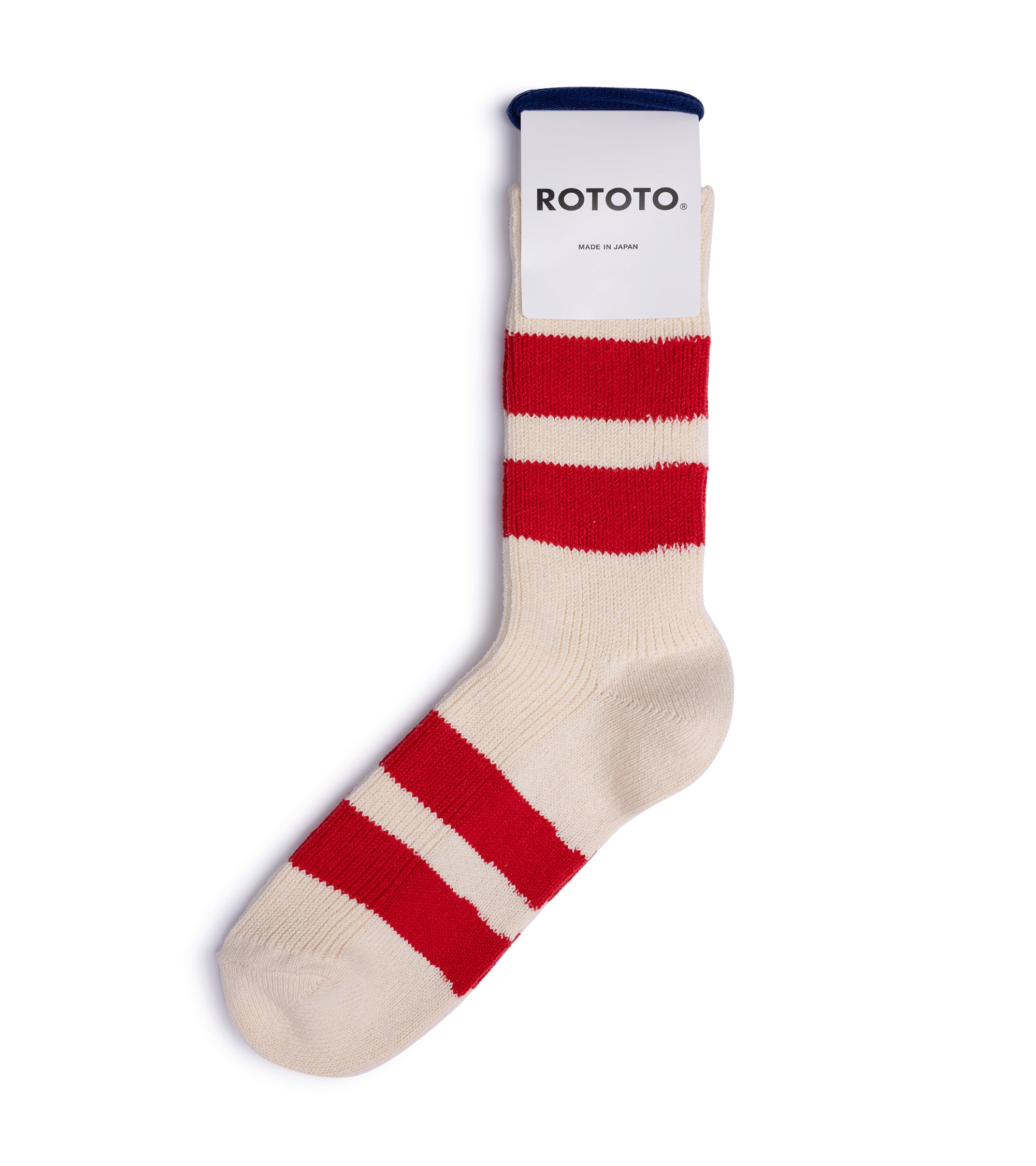 RoToTo Recycled Cotton Stripe Crew Socks: Ecru/Red