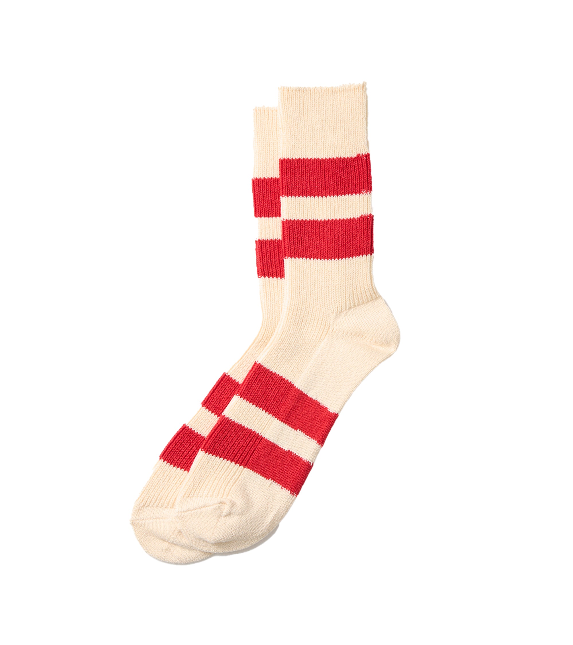 RoToTo Recycled Cotton Stripe Crew Socks: Ecru/Red