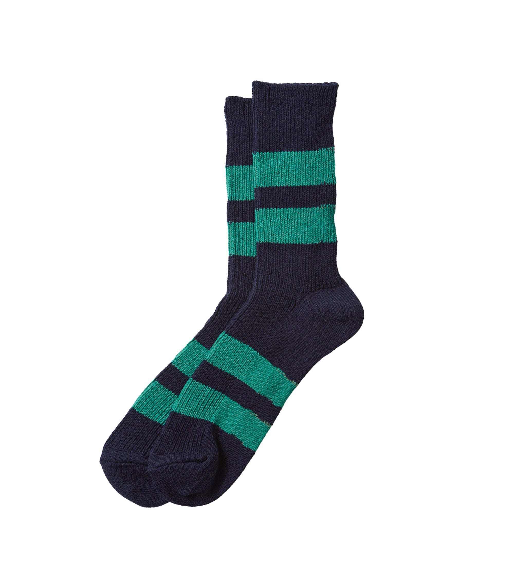 RoToTo Recycled Cotton Stripe Crew Socks: Navy/Green
