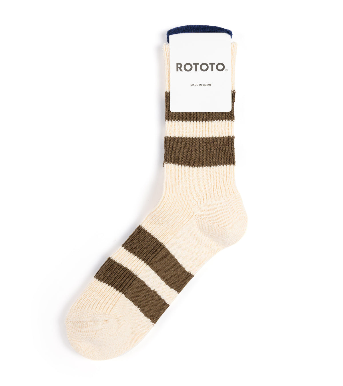RoToTo Recycled Cotton Stripe Crew Socks: Ecru/Moss