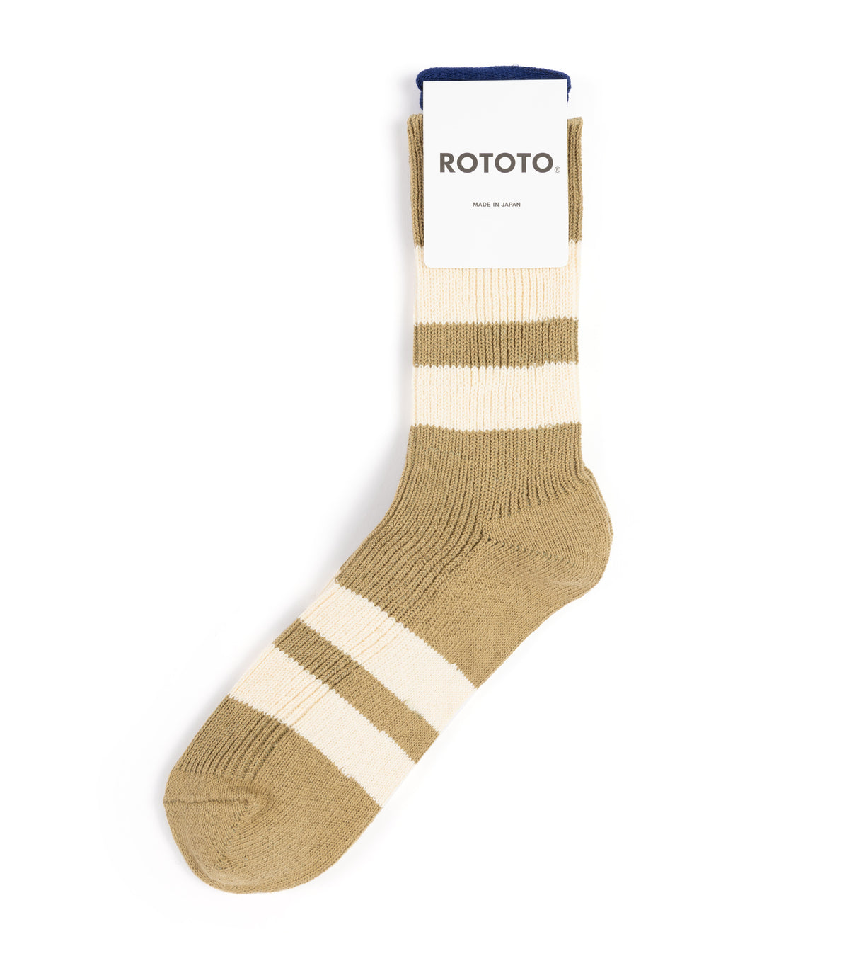 RoToTo Recycled Cotton Stripe Crew Socks: Khaki/Ivory