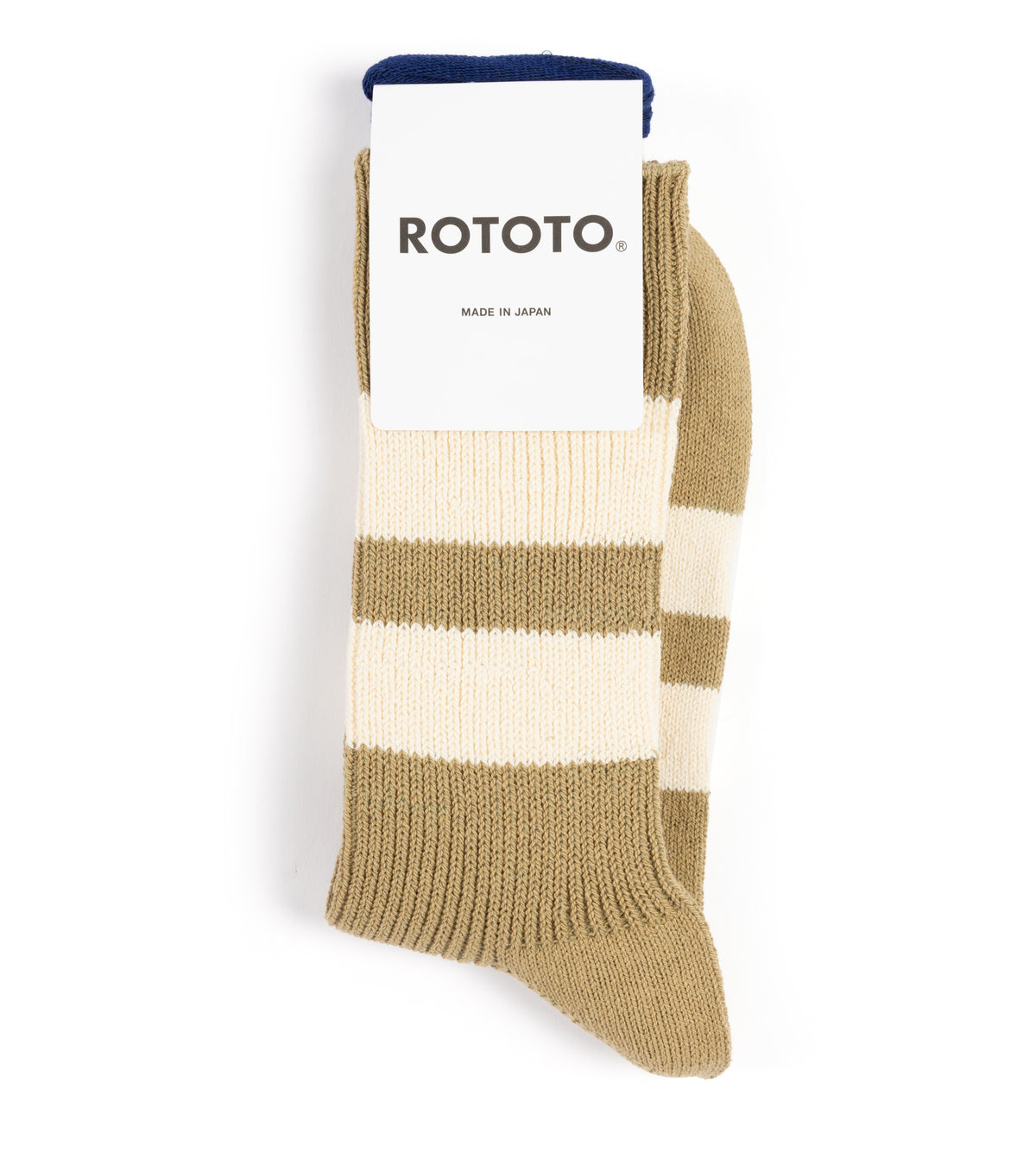 RoToTo Recycled Cotton Stripe Crew Socks: Khaki/Ivory