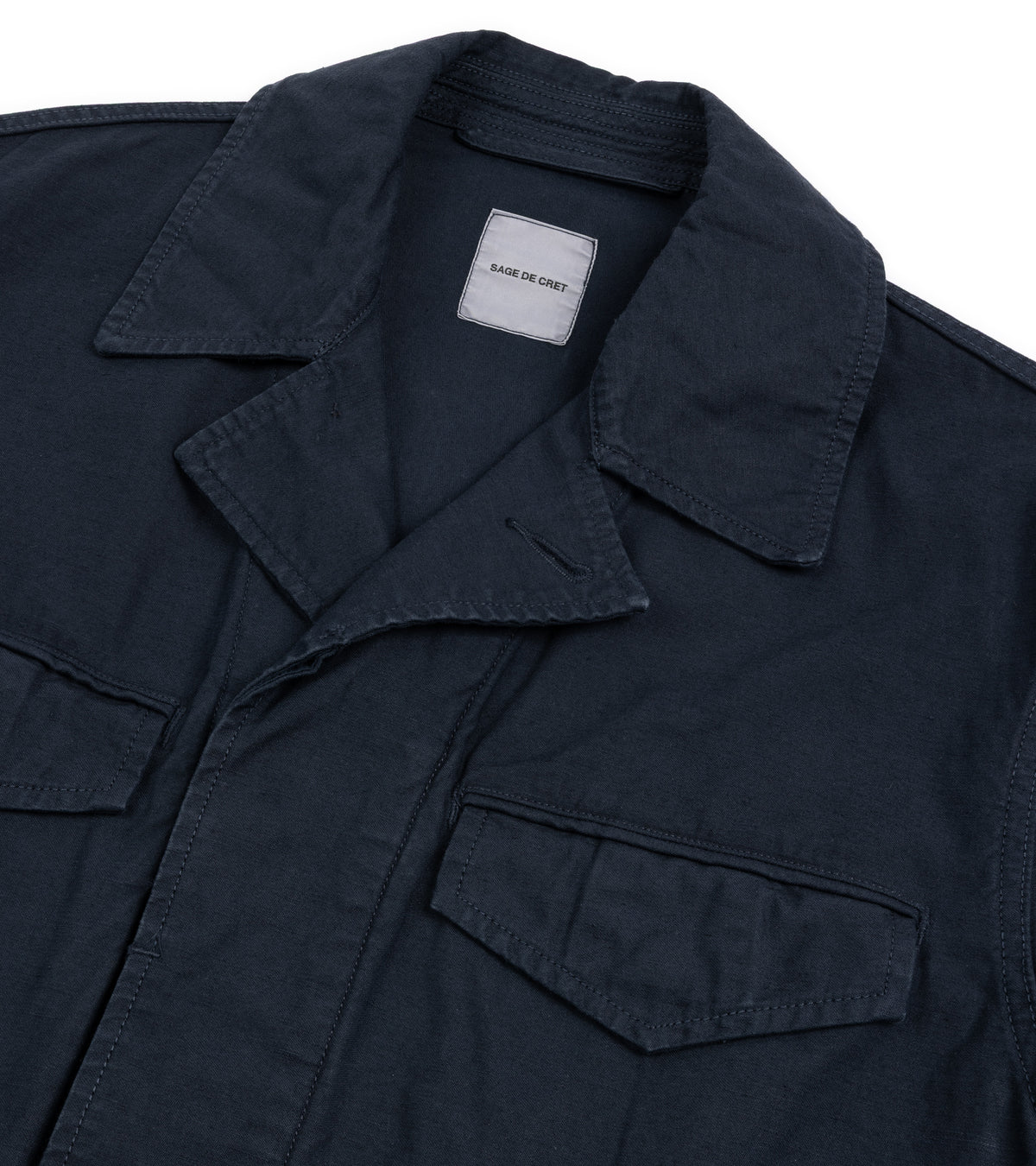 Sage de Cret Cotton Linen Back Satin M-47 Style Jacket in navy, product photo.