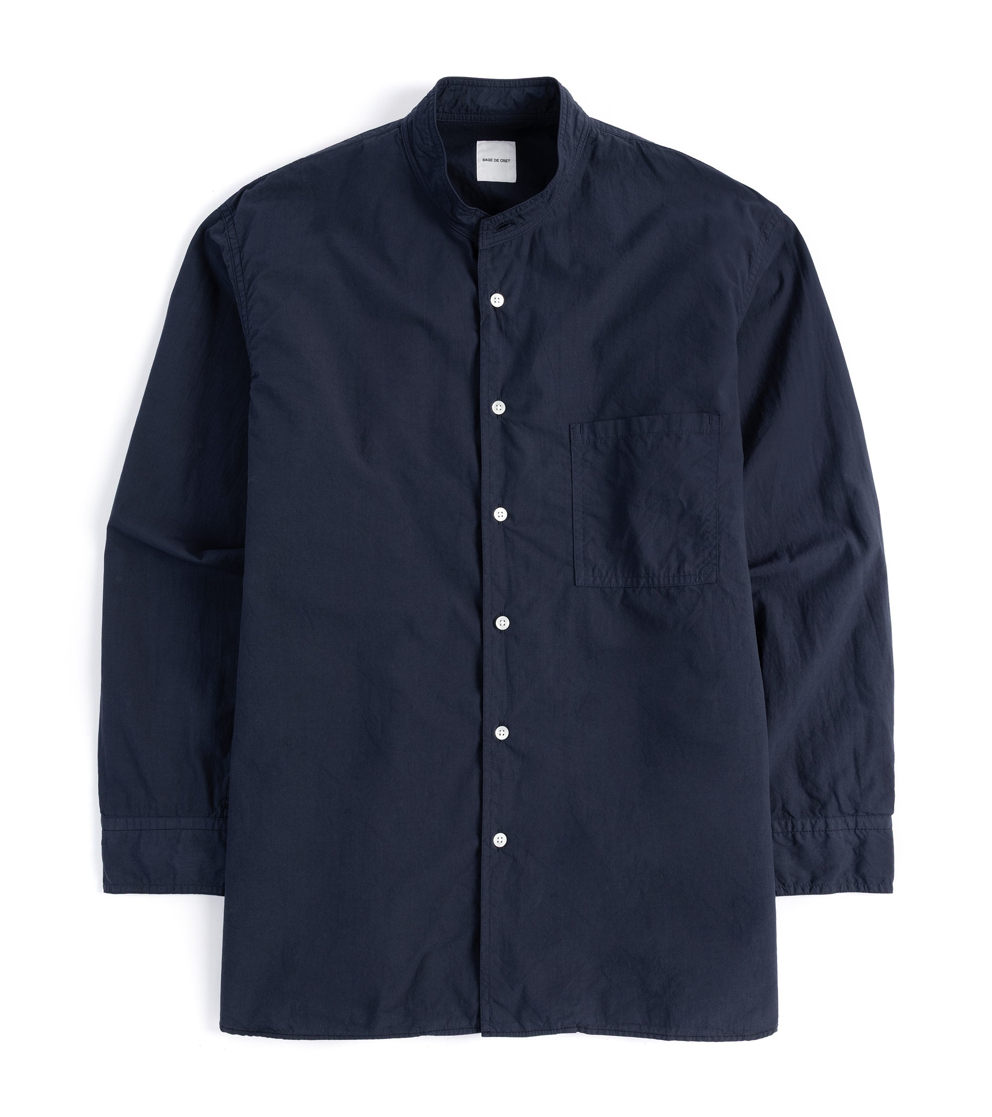 Sage de Cret Organic Cotton Broadcloth Stand Collar Long Shirt: Navy