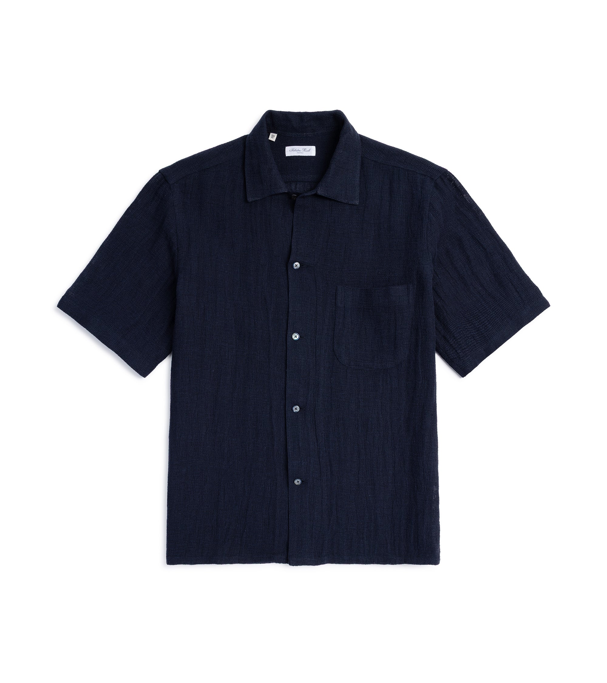 Salvatore Piccolo Cotton Linen Mesh Camp Collar Shirt: Navy