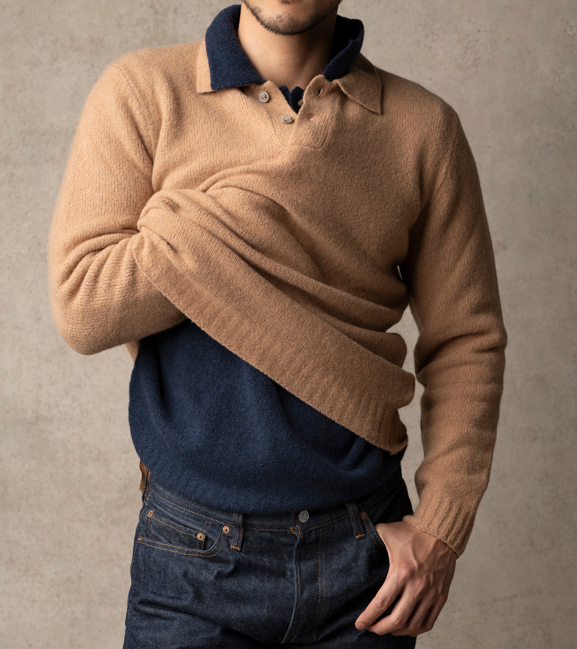 Fedeli Basket Wool Cashmere Mix Long Sleeve Knit Polo Shirt: Tan