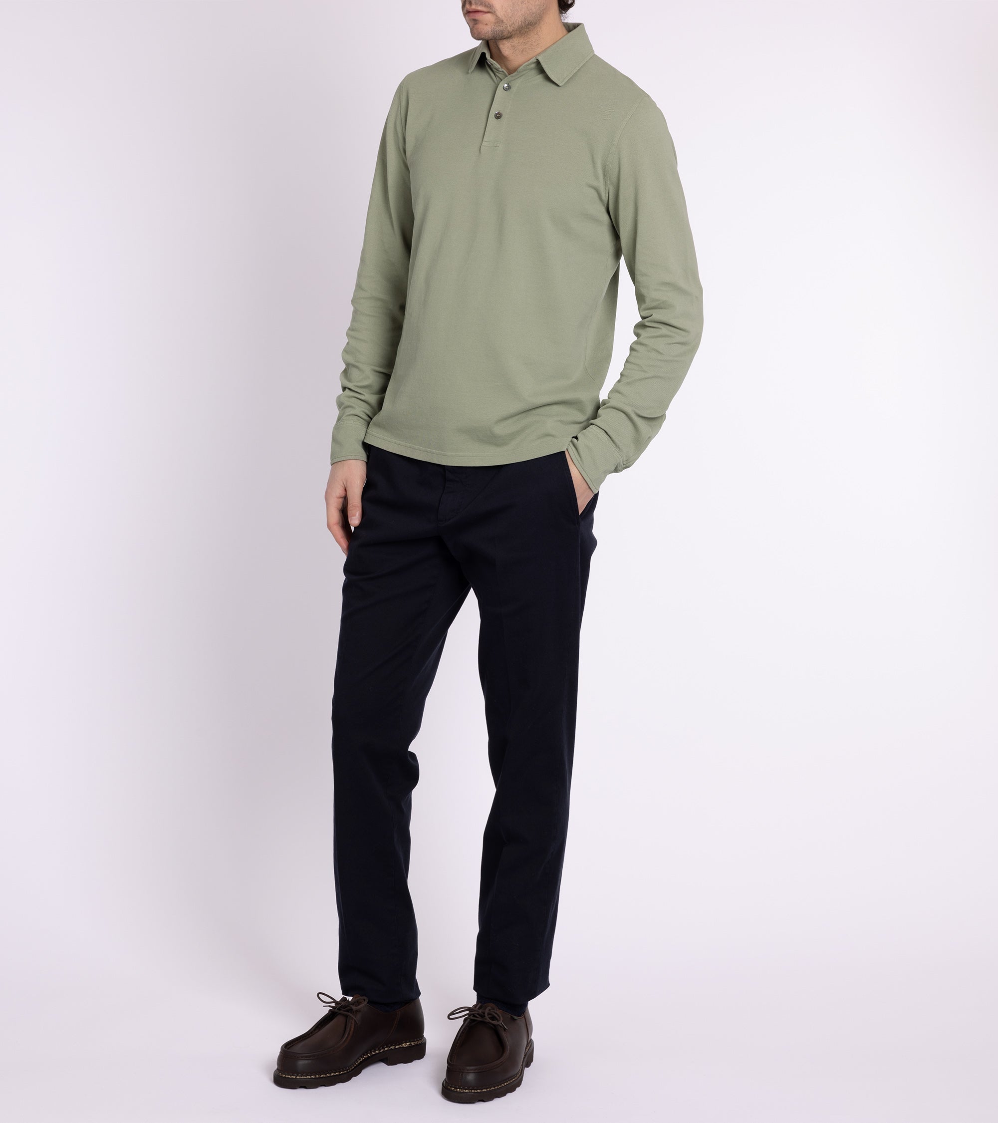 Trunk Moxon Long Sleeve Polo Shirt: Green Tea