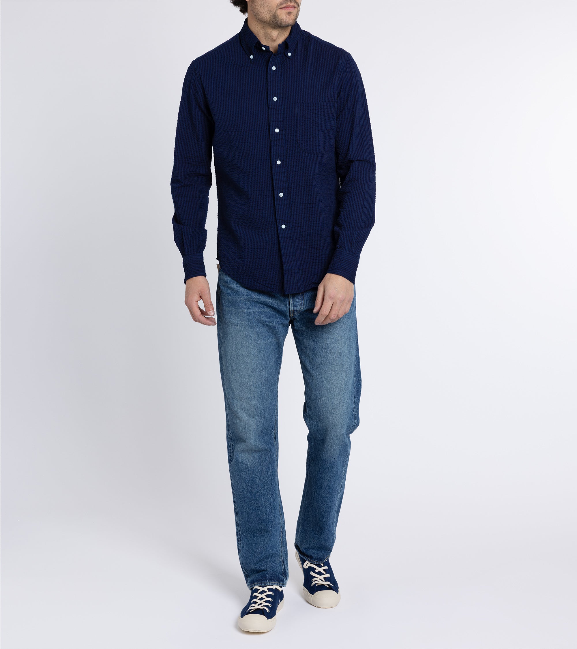 Gitman Vintage Cotton Seersucker Camp Collar Shirt: Navy