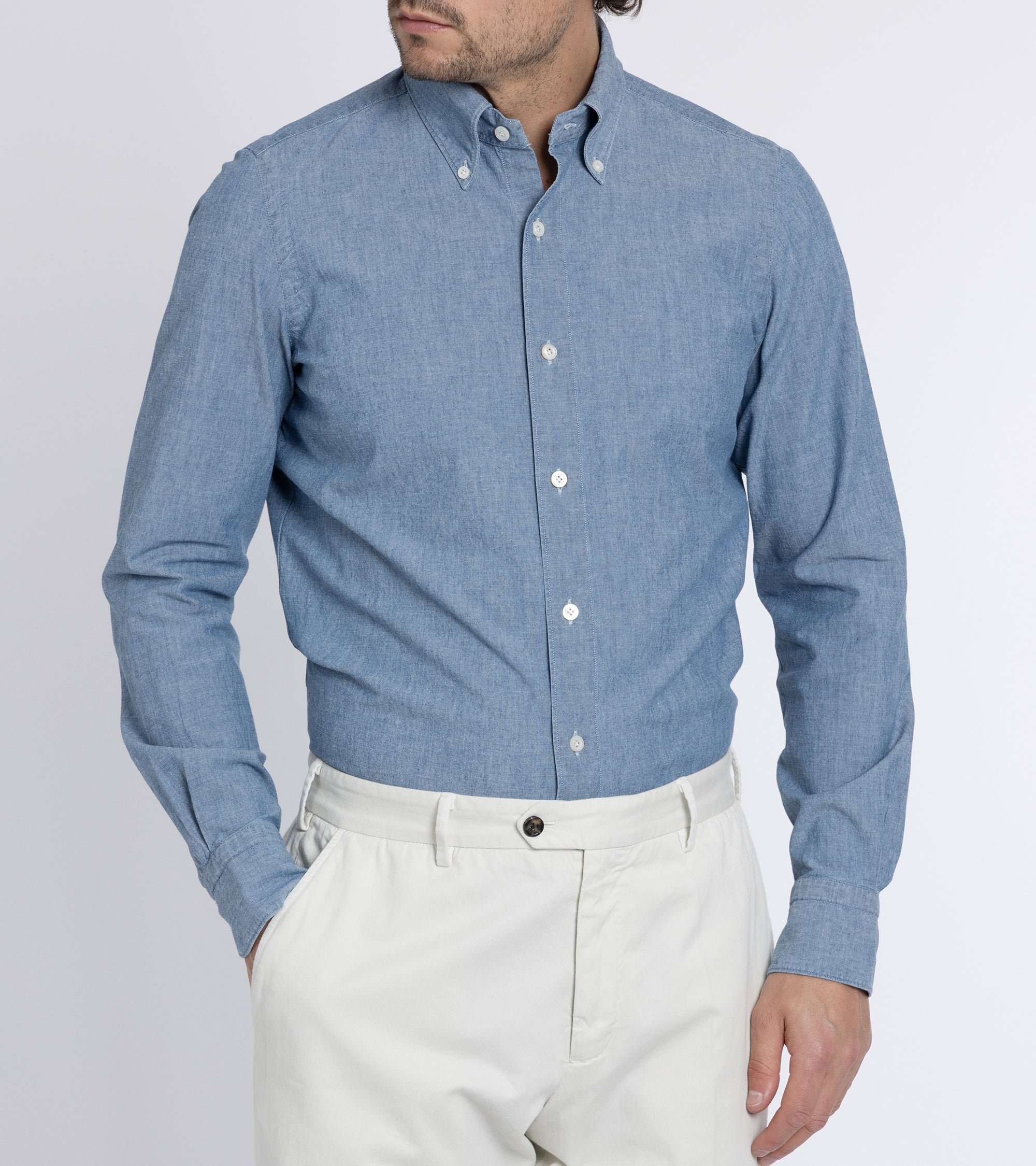 Finamore Gaeta Classic Cotton Leonardo Button Down Sport Shirt: Chambray
