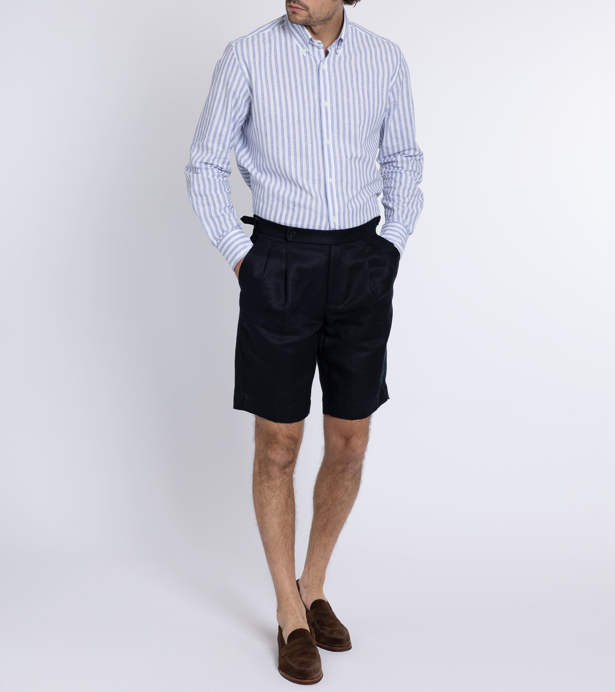 Incotex Pleated Linen Shorts: Navy