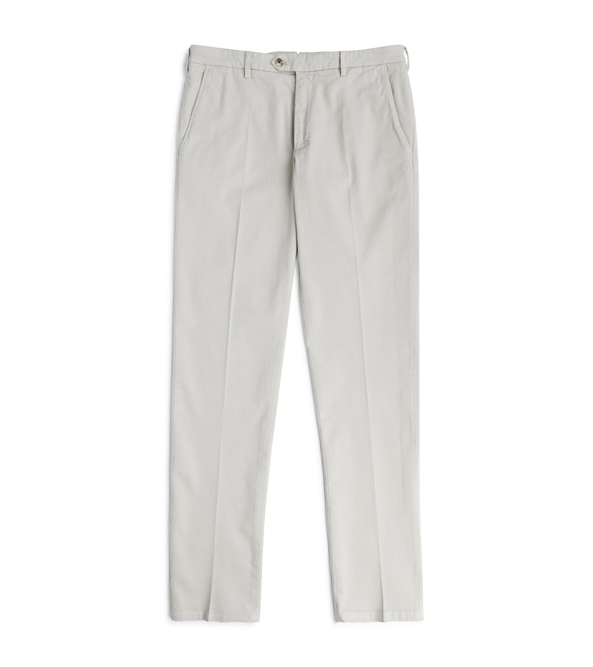 Trunk Palmer Flat Front Cotton Twill Trousers in Greige showing front button, side pockets and belt loops.