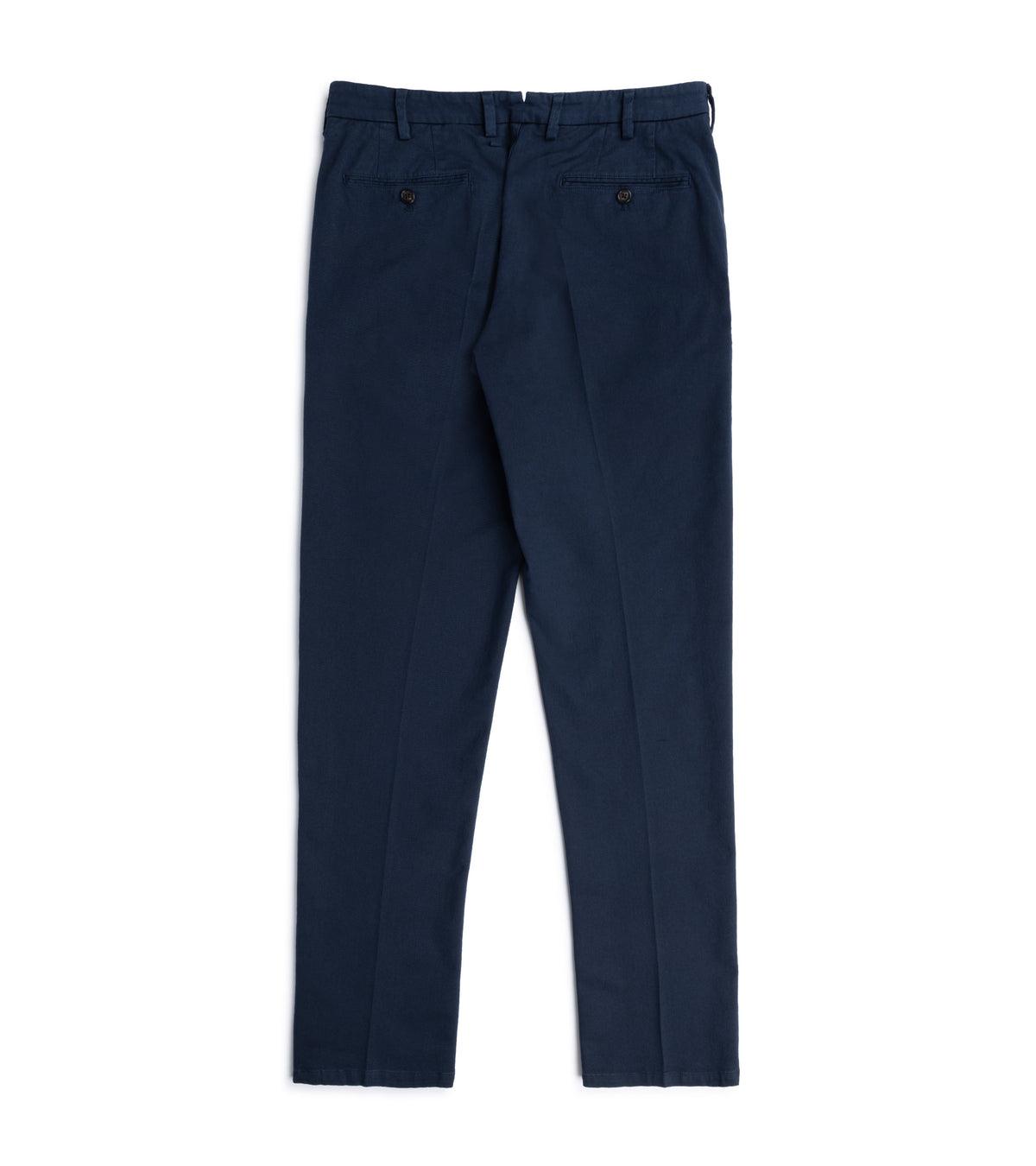 Trunk Palmer Flat Front Cotton Twill Trousers in Navy back view showing two back pockets with buttons.