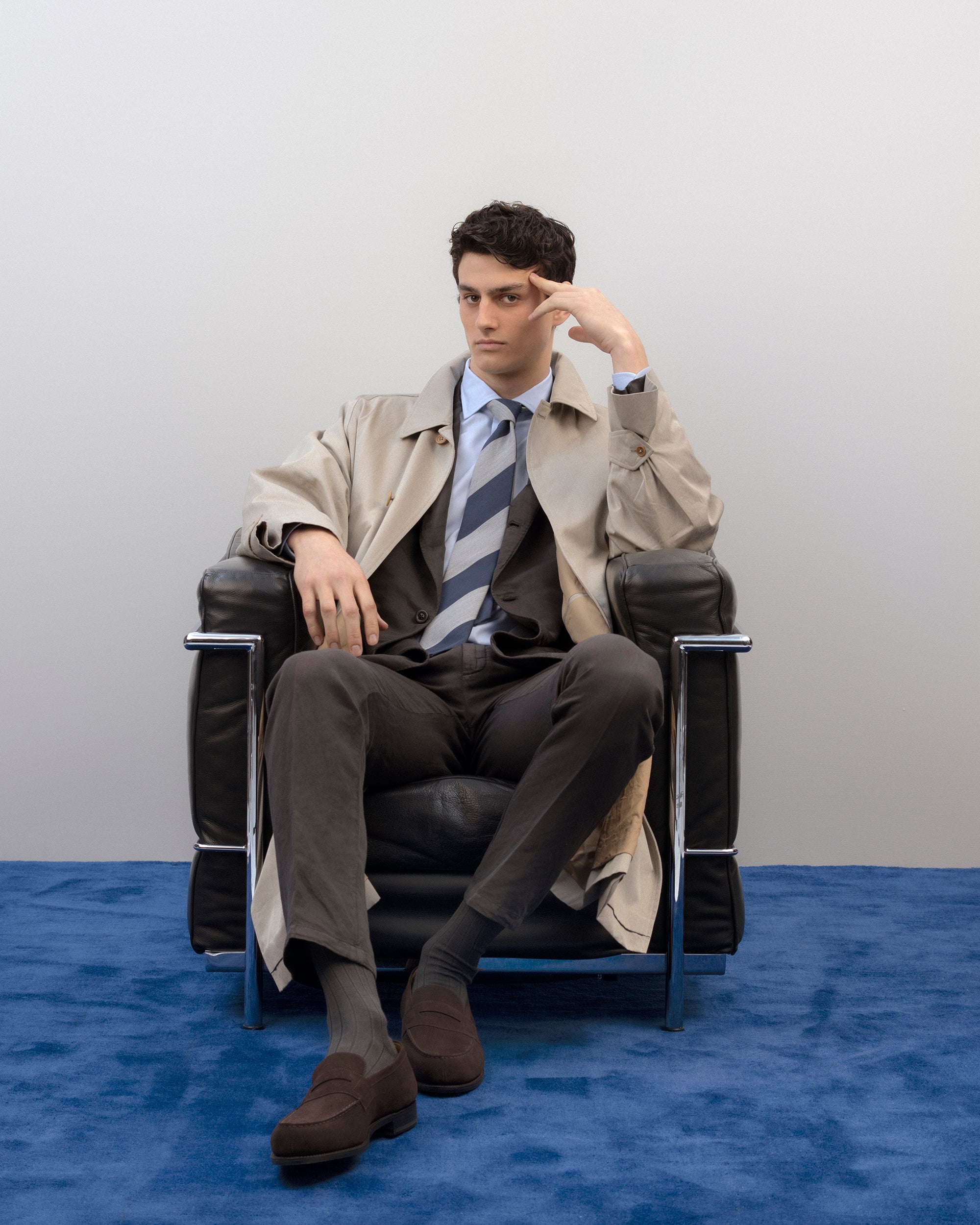 Bigi Silk Cotton Wide Stripe Tie: Navy/Grey