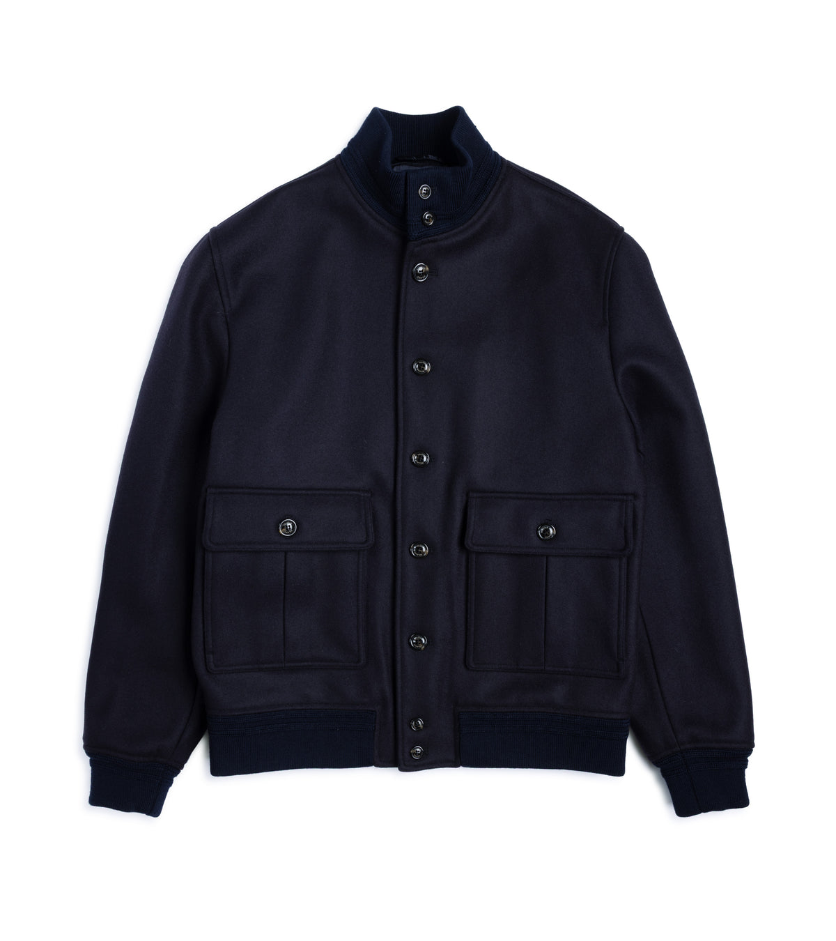 Valstar Valstarino Wool Felt Jacket in Navy, front view. Five button front with two at the collar and two more at the hem. Two external patch pockets with button closure, tonal ribbings at the collar, cuff and hem.