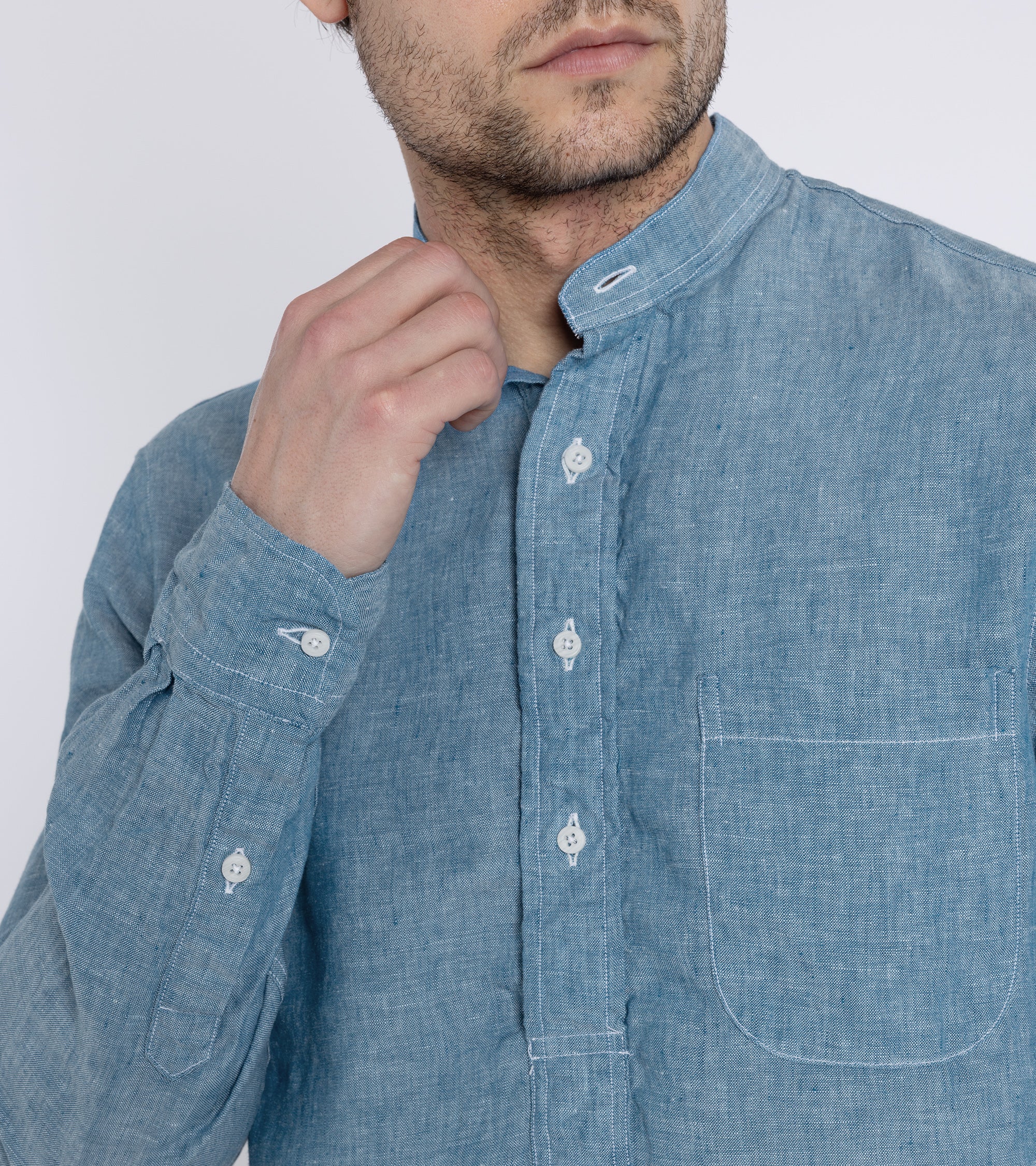 Gitman Vintage Linen Band Collar Popover Shirt: Chambray