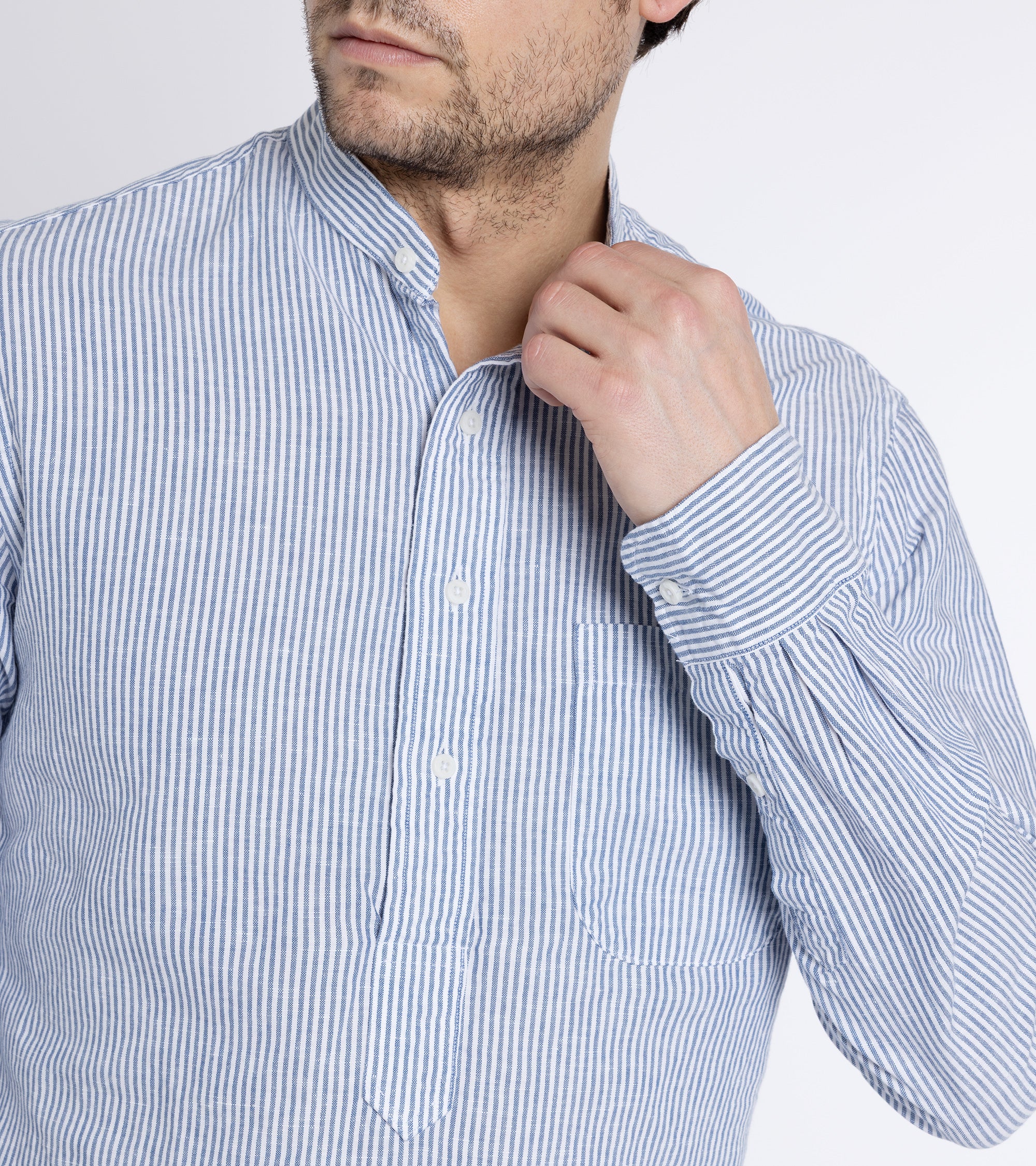Gitman Vintage Linen Striped Band Collar Popover Shirt: Blue/White