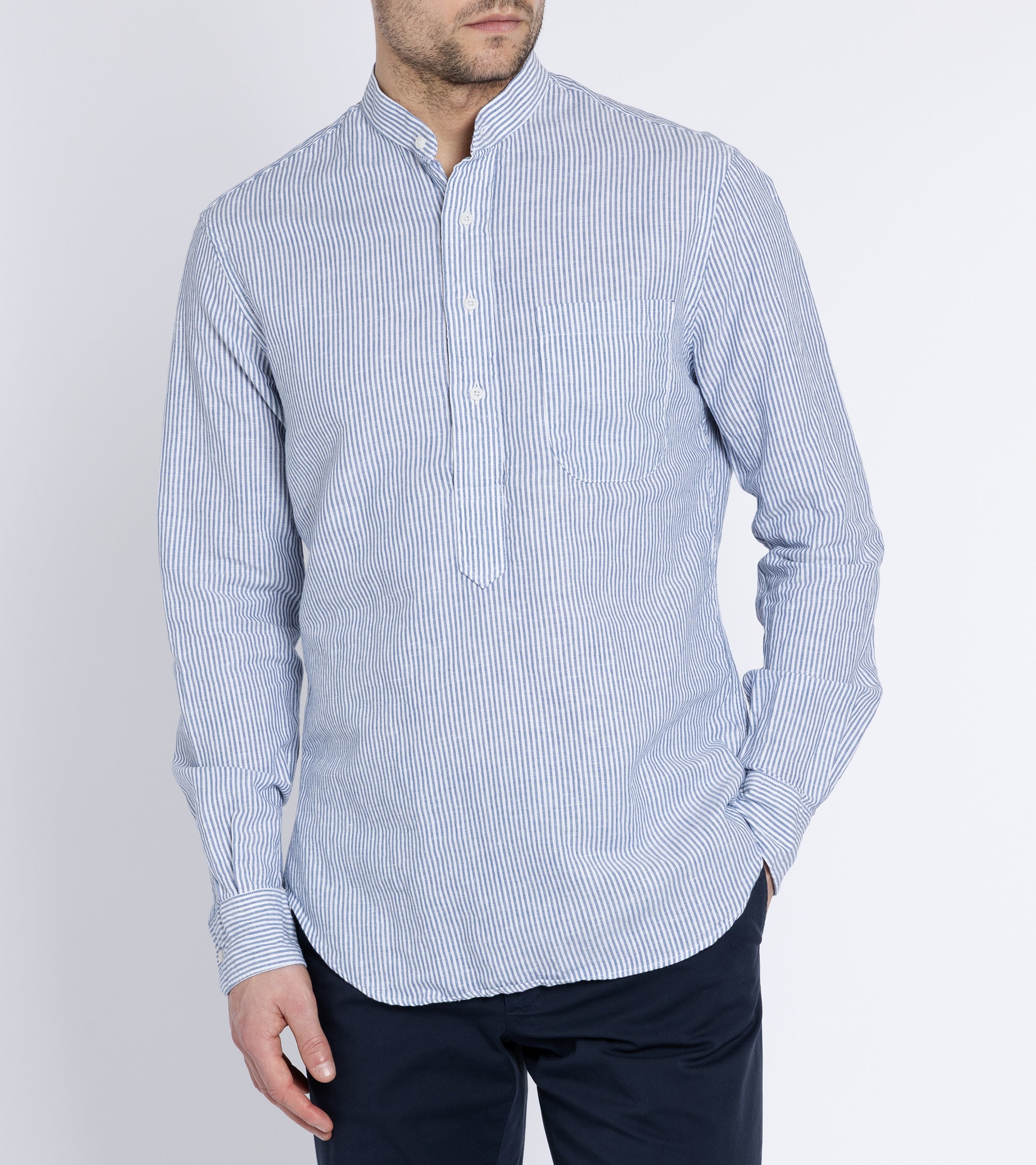 Gitman Vintage Linen Striped Band Collar Popover Shirt: Blue/White