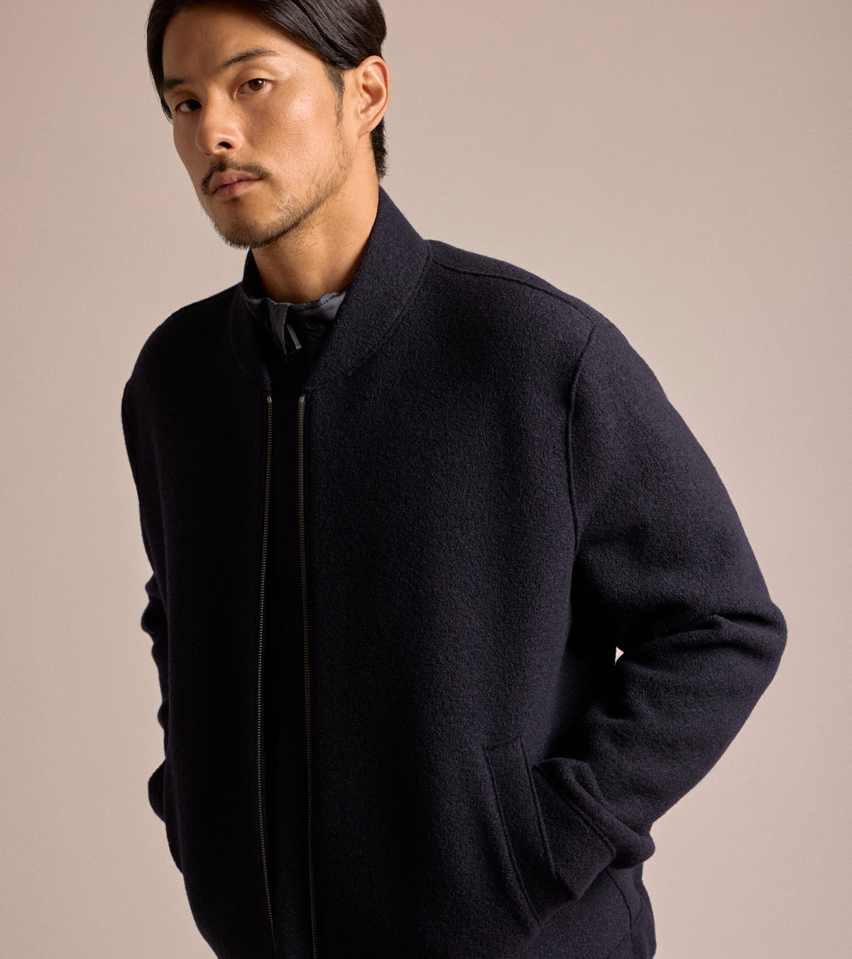 Harris Wharf Boiled Wool Bomber Jacket in navy blue, product photo.