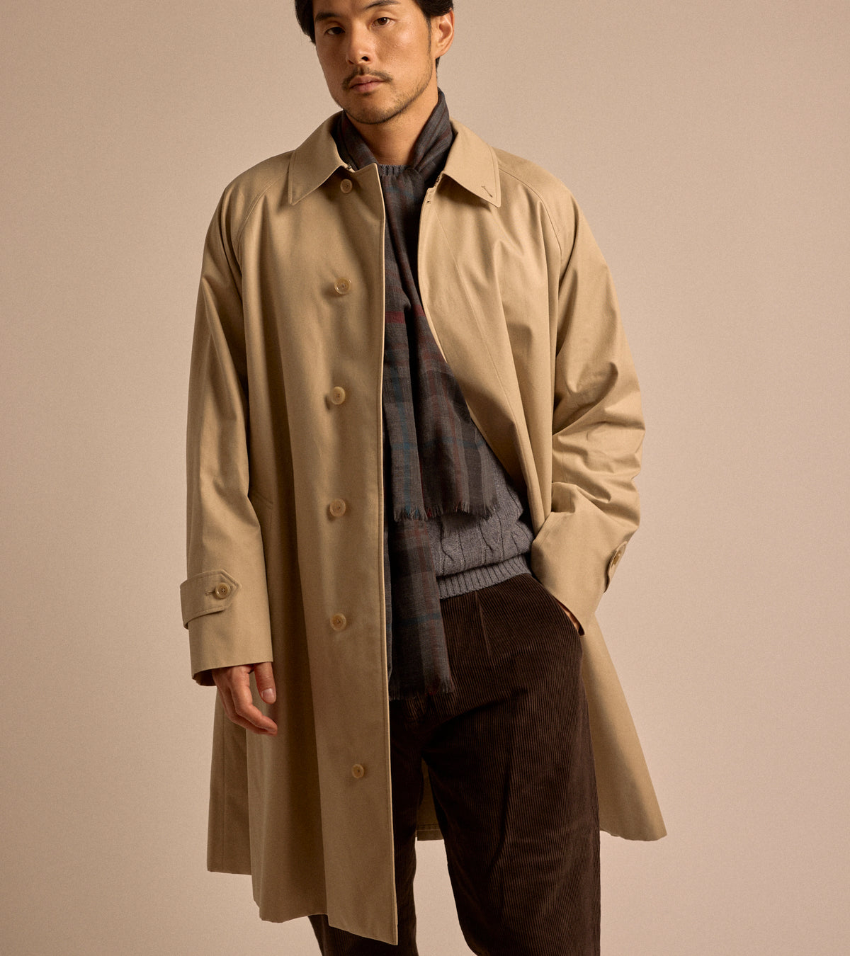 Sanyo 100 Year Lightweight Gabardine Balmacaan Coat: Beige