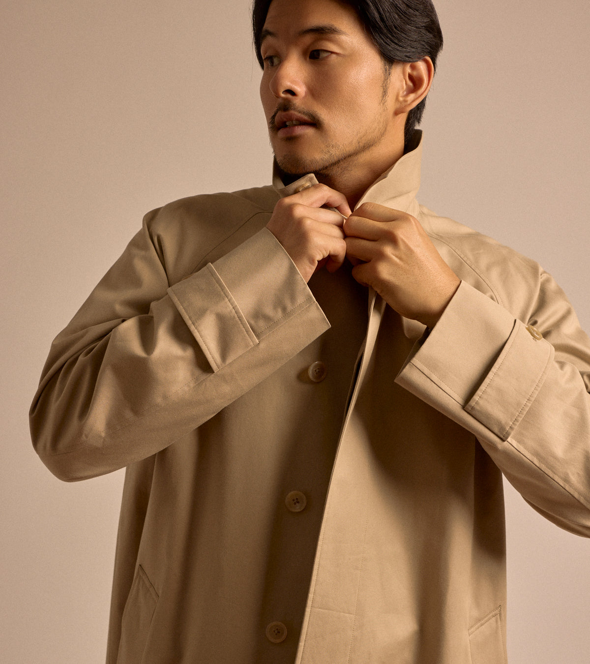 Sanyo 100 Year Lightweight Gabardine Balmacaan Coat: Beige