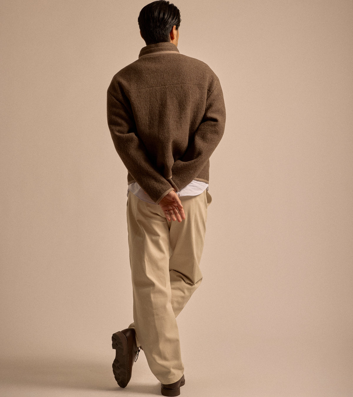 De Bonne Facture Boiled Wool Bookstore Jacket in ash brown, product photo.