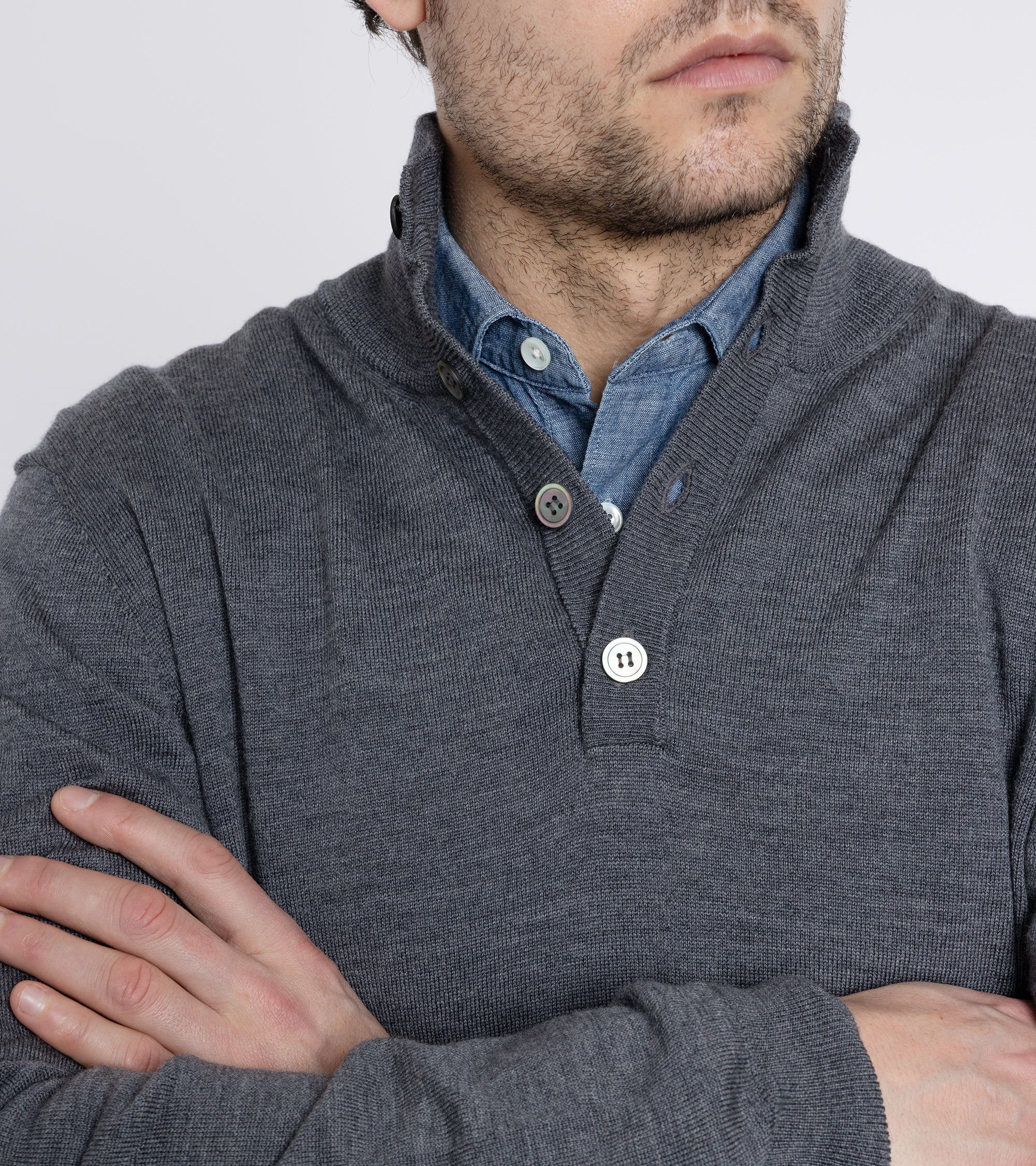 Trunk Bennet Merino Button Neck Sweater: Grey