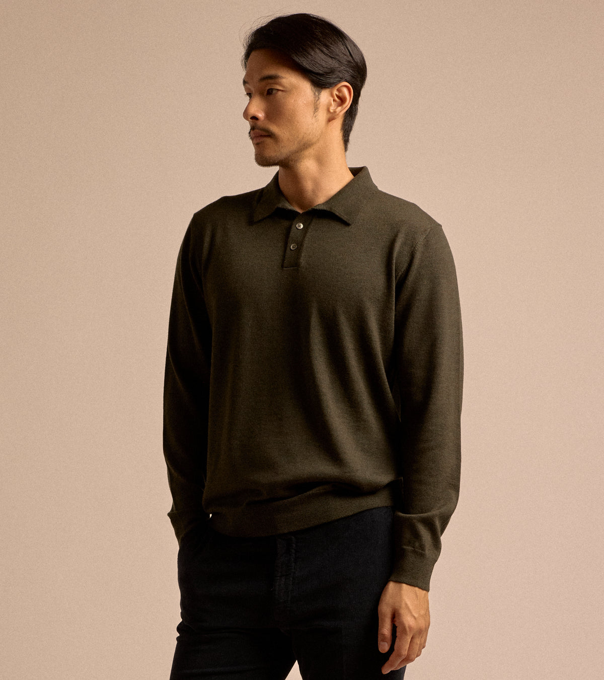 Trunk Enford Merino Knit Long Sleeve Polo Shirt: Loden Green