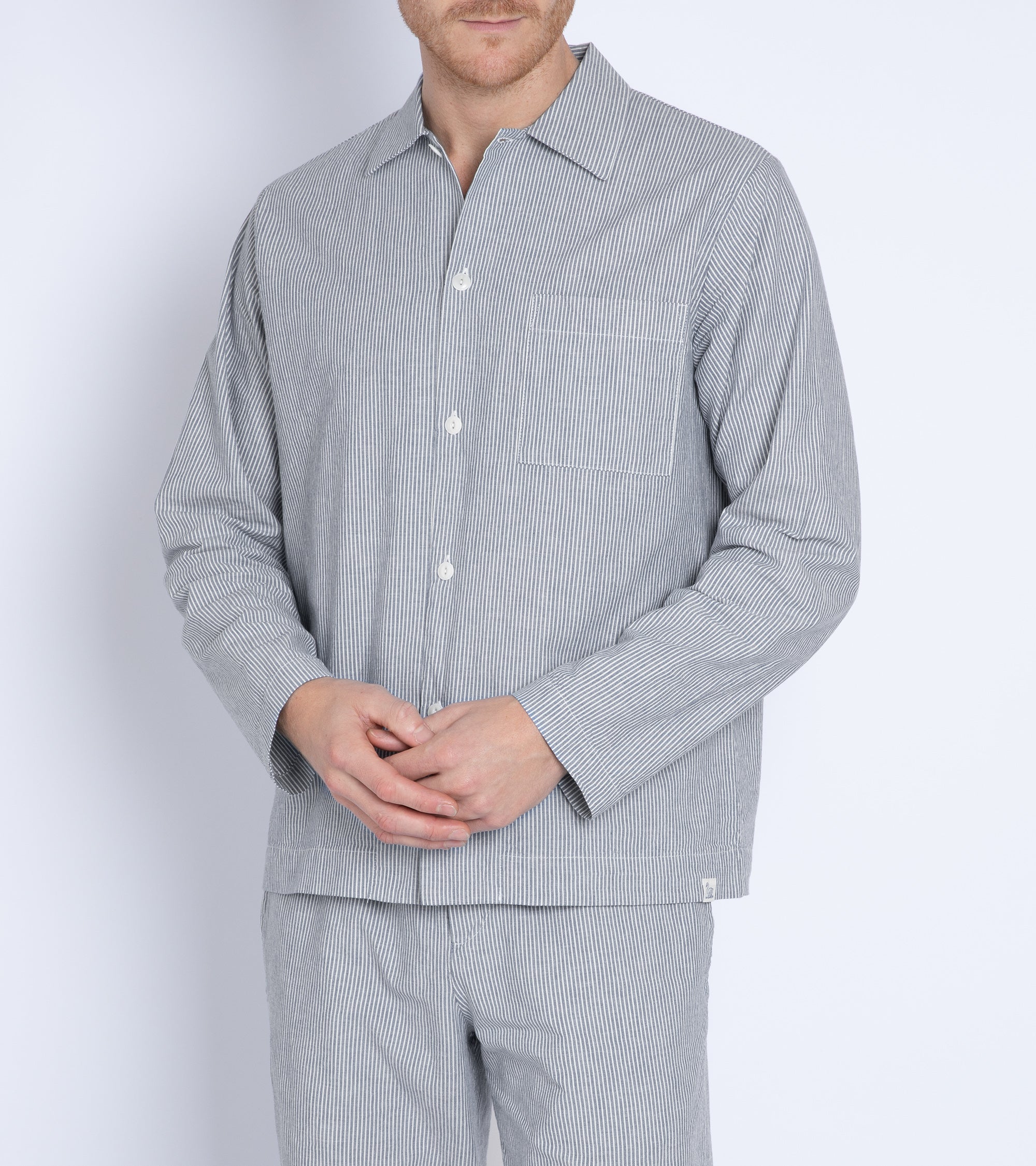 Merz b. Schwanen Relaxed Fit Cotton Pyjama Top: Striped Chambray