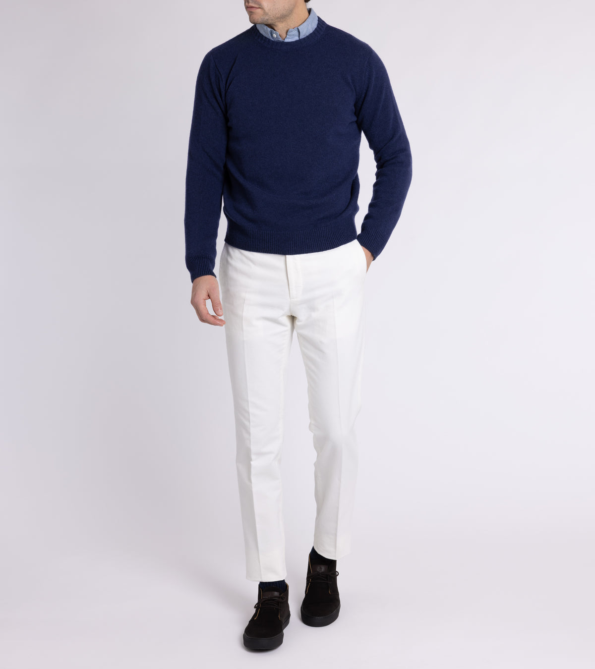 Mooncastle Wool Cashmere Silk Crew Neck Sweater: Navy