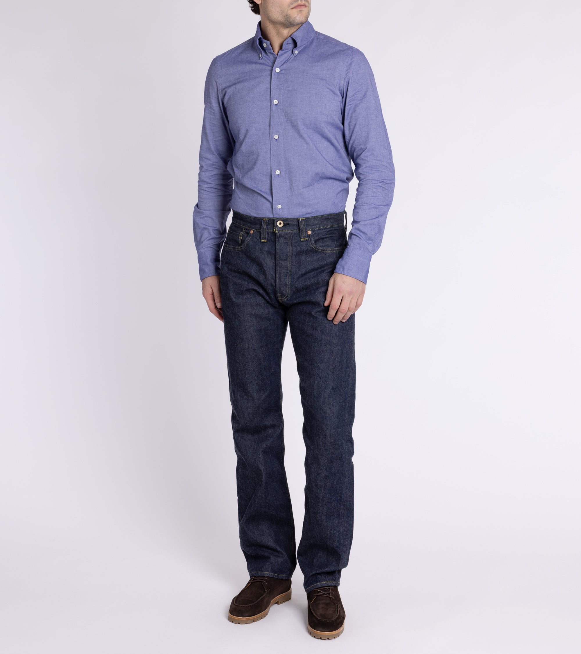 Finamore Gaeta Brushed Oxford Cotton Leonardo Sport Shirt: Ink Blue