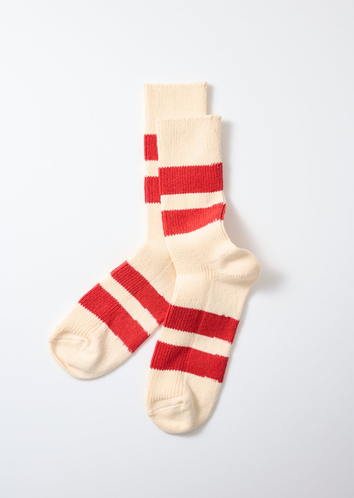 RoToTo Recycled Cotton Stripe Crew Socks: Ecru/Red
