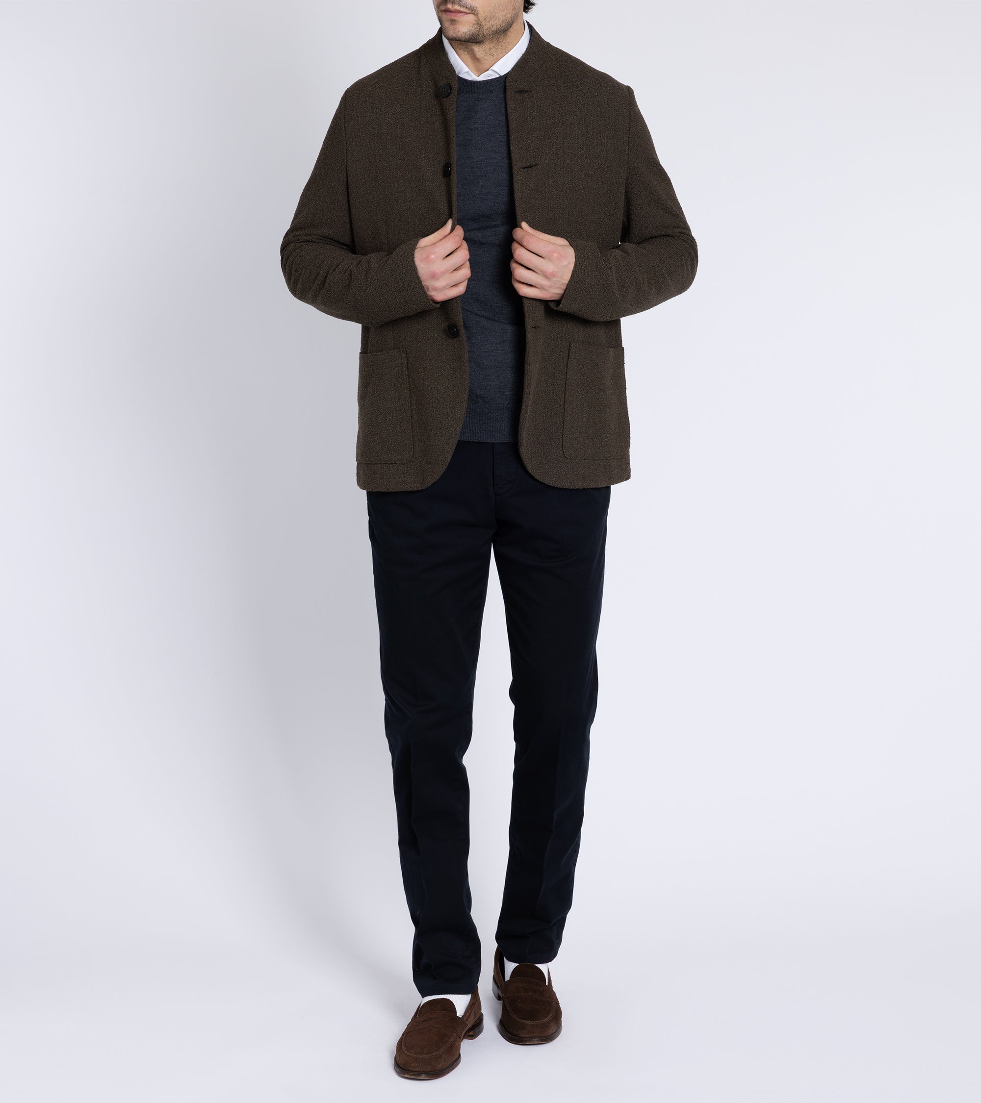 Harris Wharf Cotton Blend Boucle Nehru Jacket: Hunting Green