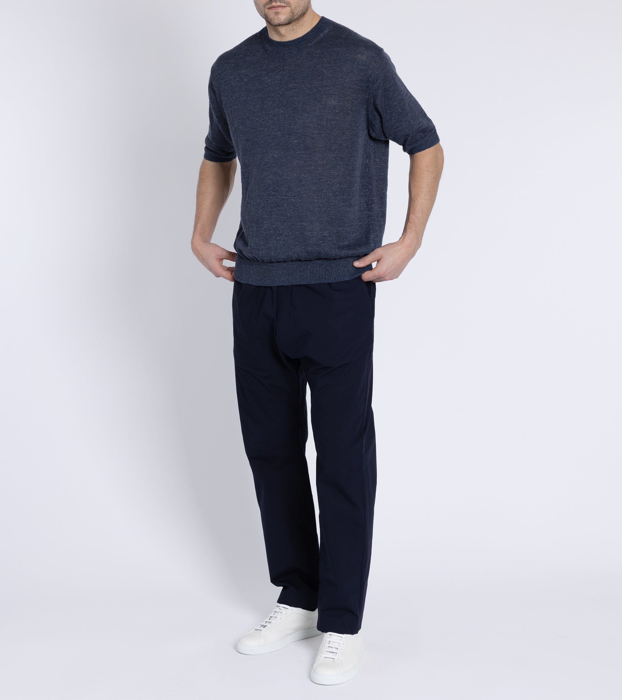 Batoner Washed High Count Linen Short Sleeve Crew Neck Sweater: Navy