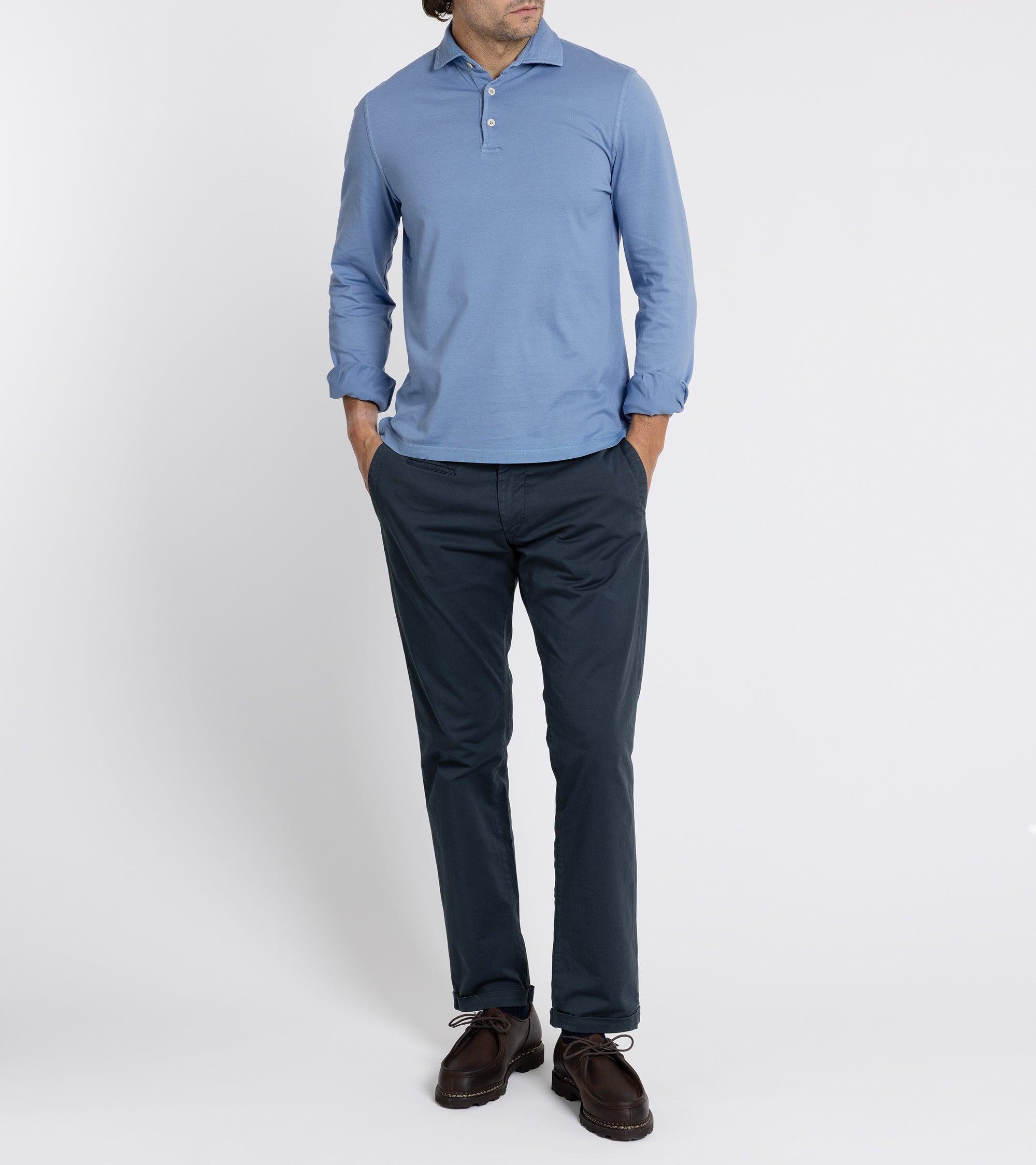 Fedeli Zero Organic Cotton Jersey Long Sleeve Polo Shirt: Steel Blue