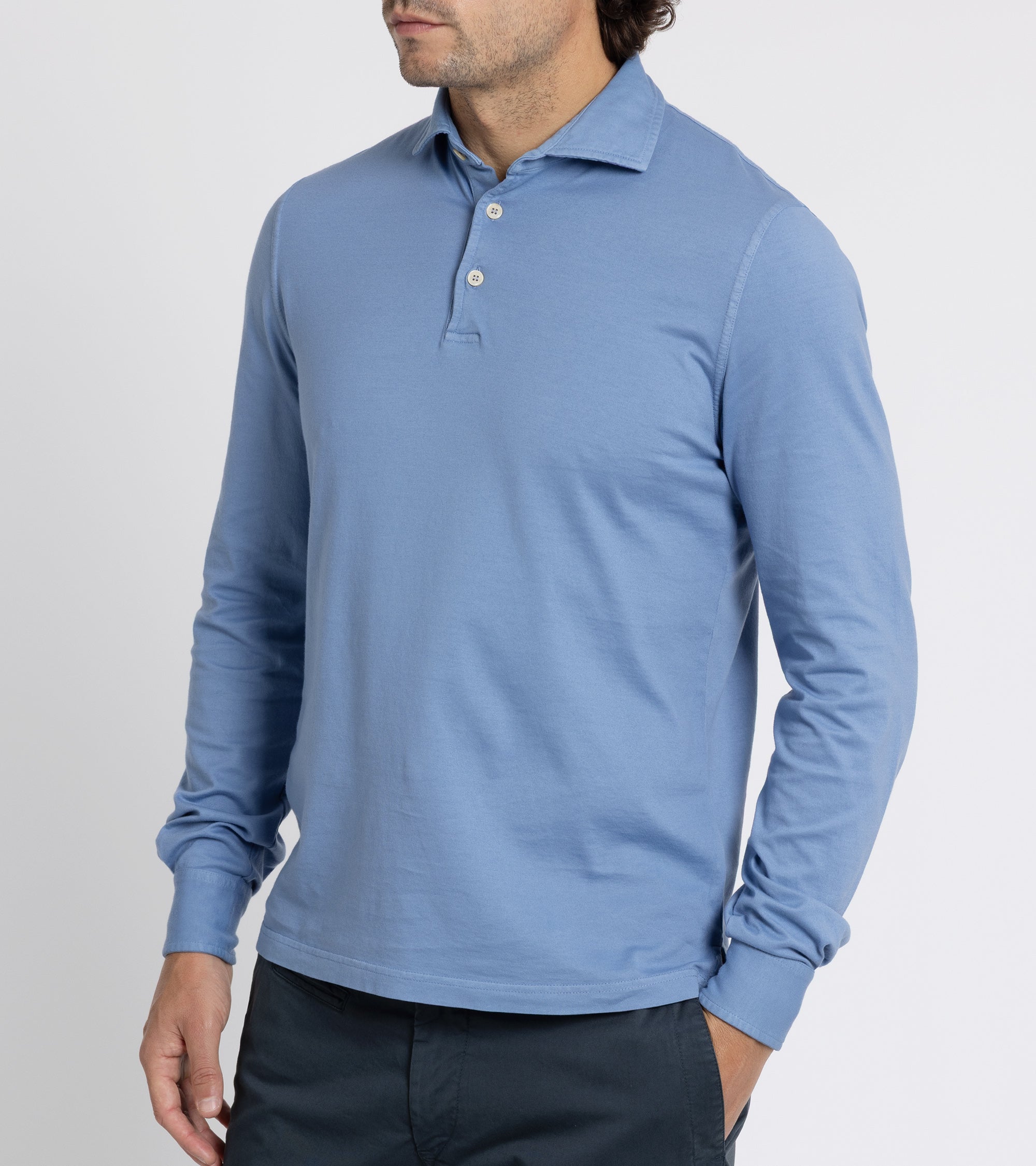 Fedeli Zero Organic Cotton Jersey Long Sleeve Polo Shirt: Steel Blue