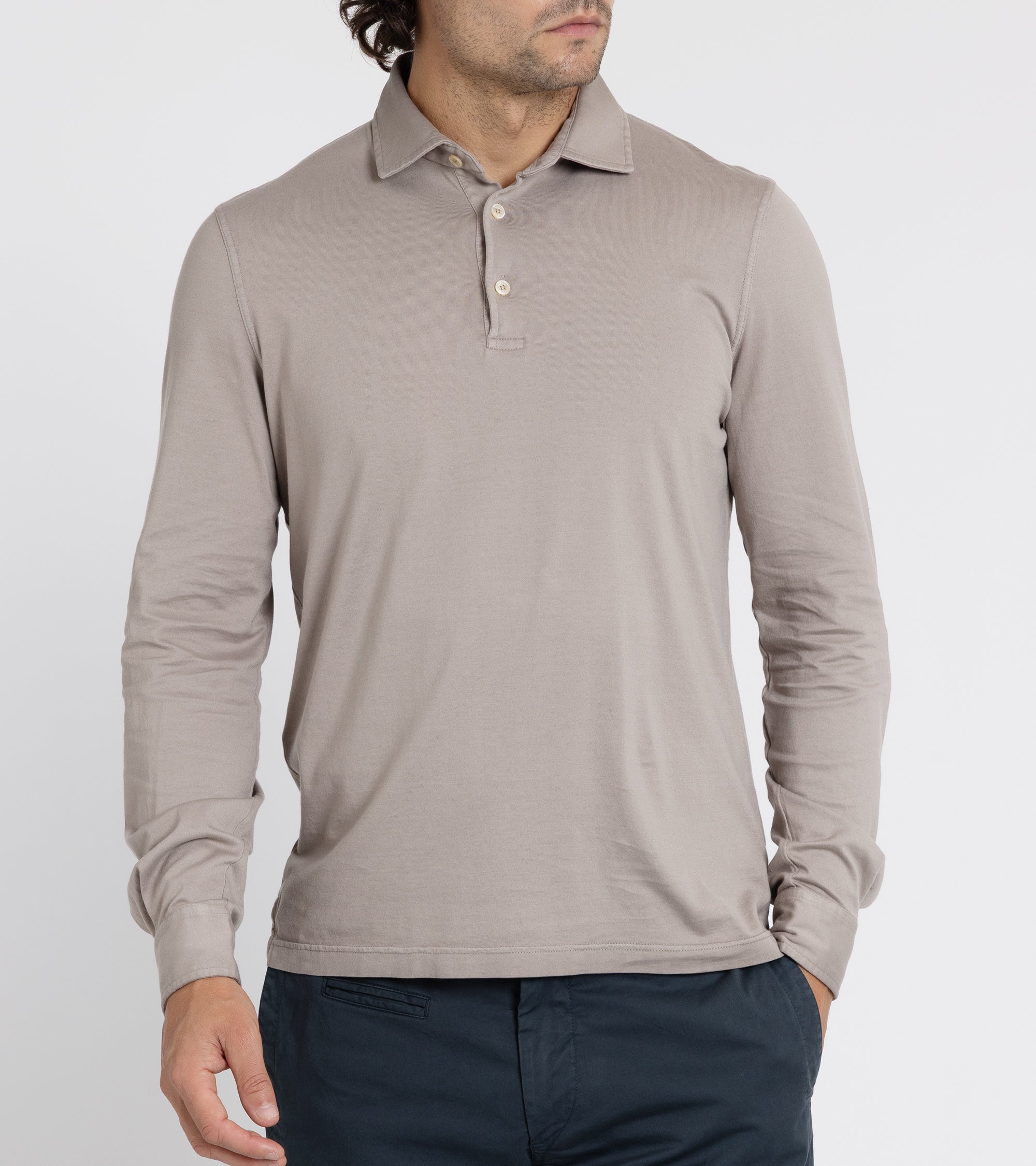 Fedeli Zero Organic Cotton Jersey Long Sleeve Polo Shirt: Greige