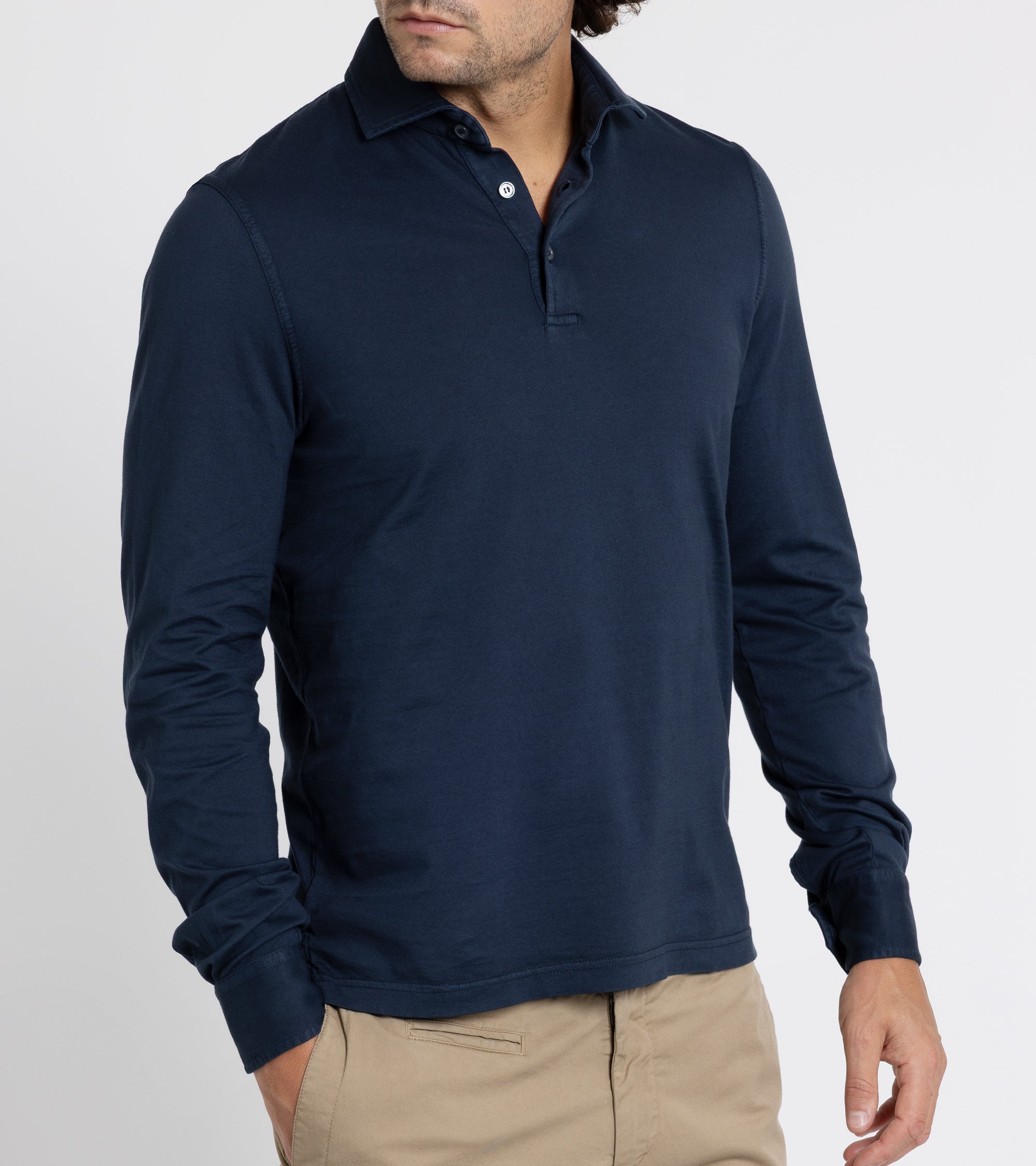 Fedeli Zero Organic Cotton Jersey Long Sleeve Polo Shirt: Midnight Blue